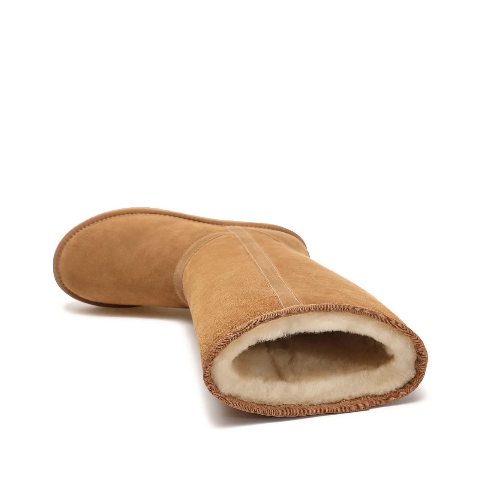 Tan sheepskin boot with cream wool lining, side view. - Yellow Earth Australia