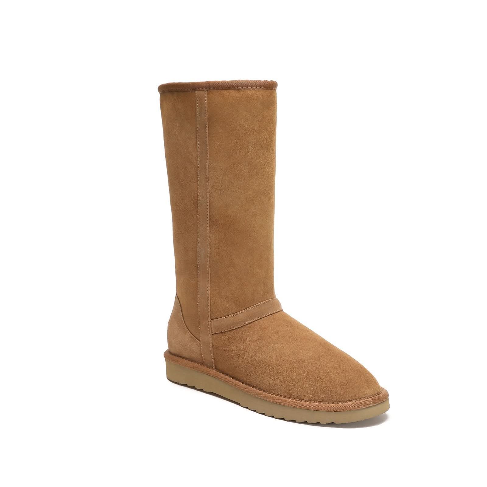 Tall chestnut suede sheepskin boot with crepe sole, side view. - Yellow Earth Australia