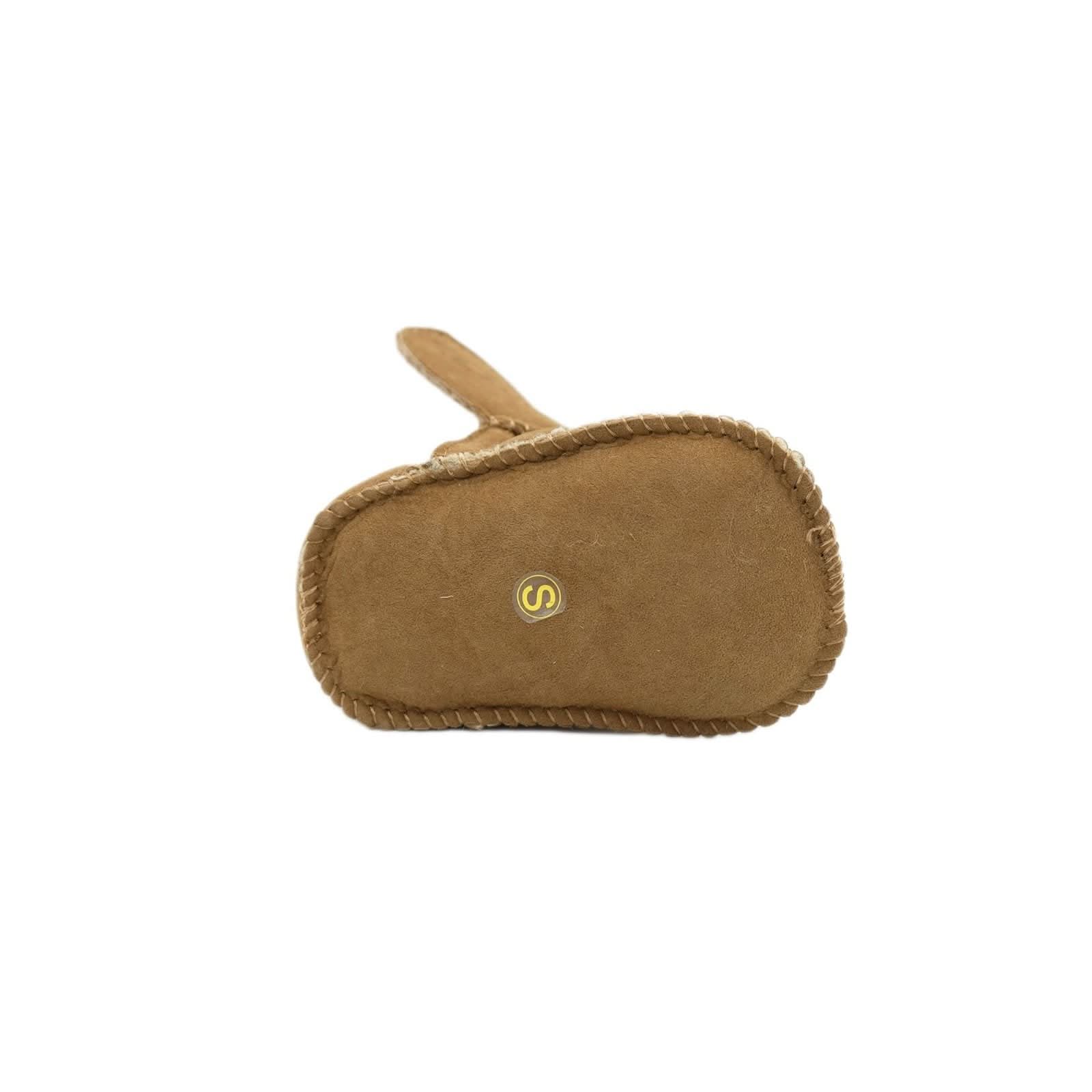 Tan sheepskin clutch with rope trim detail, viewed from above. - Yellow Earth Australia