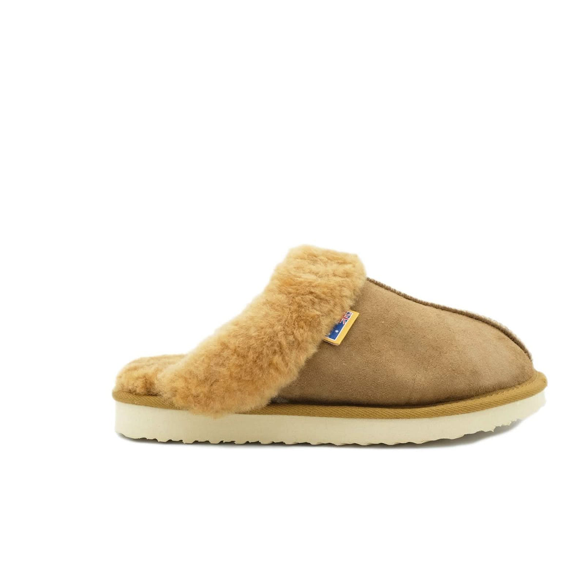 Beige sheepskin slipper with fluffy wool lining, side view on white background. - Yellow Earth Australia