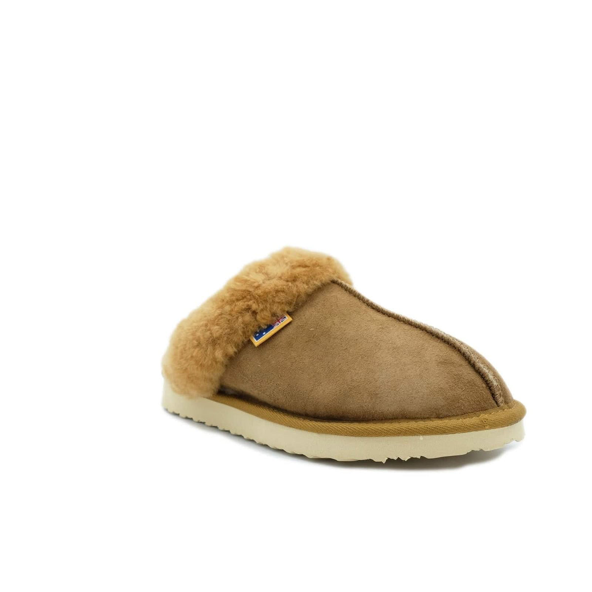 Tan suede sheepskin slipper with fluffy wool collar, side view. - Yellow Earth Australia