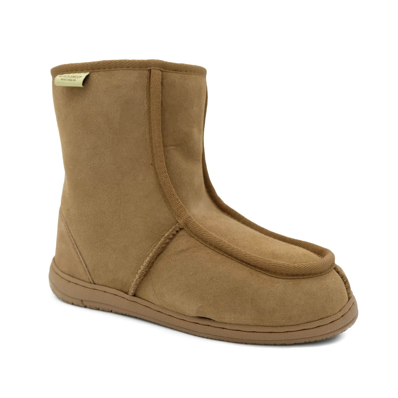 Tan suede sheepskin boot with wool lining, side view. - Yellow Earth Australia