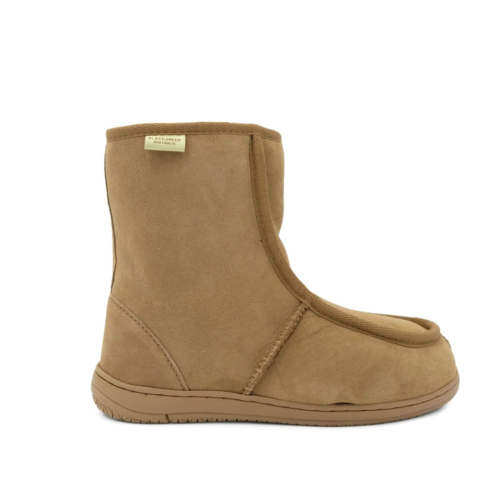 Camel suede sheepskin boot shown from the side angle on white background. - Yellow Earth Australia