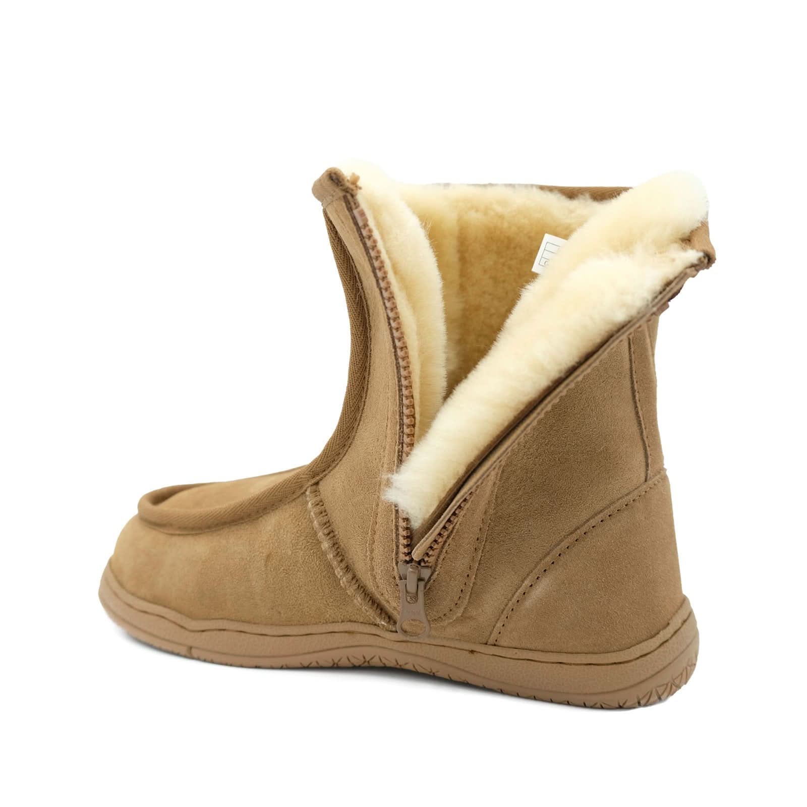 Tan sheepskin boot with cream wool lining, side view showing zip closure. - Yellow Earth Australia