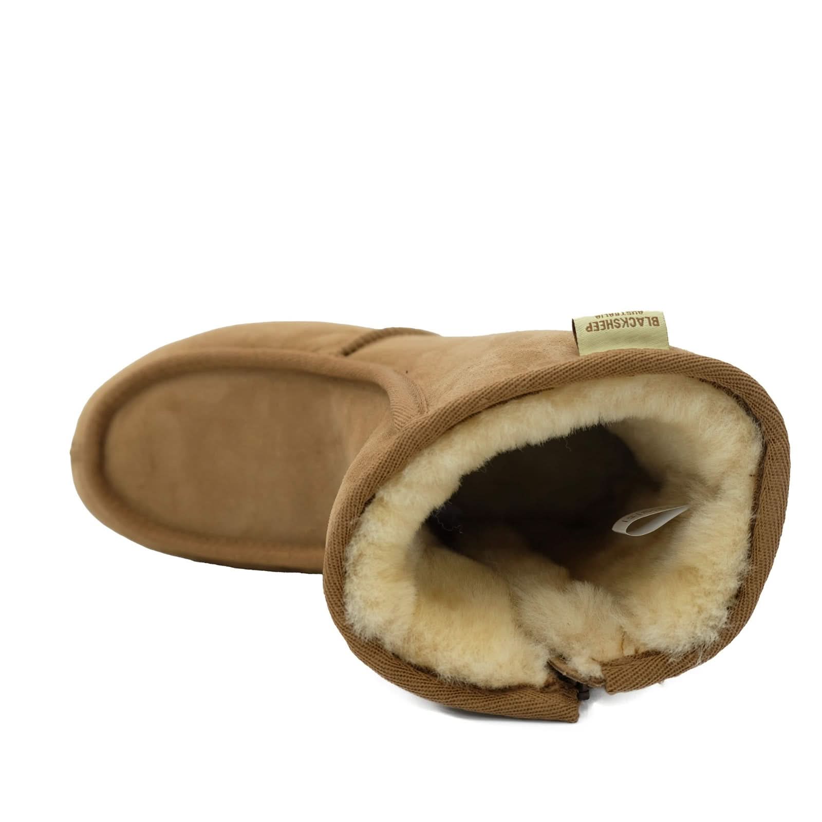Tan sheepskin slipper boot with cream wool lining, top-down view. - Yellow Earth Australia