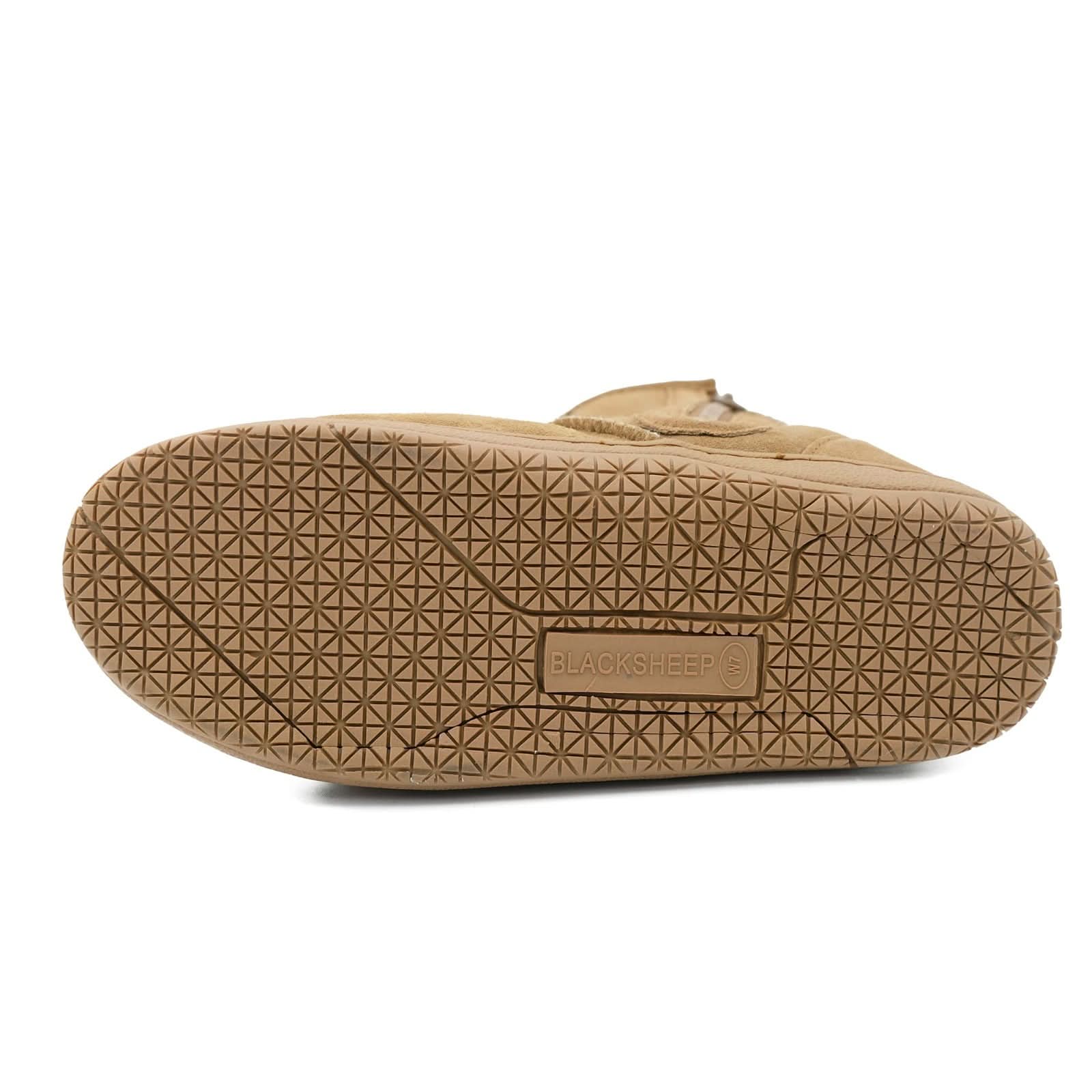 Tan suede sheepskin slipper sole with geometric tread pattern, bottom view. - Yellow Earth Australia