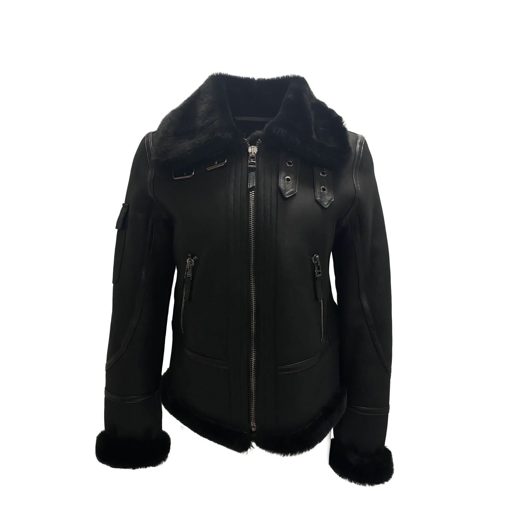 Black leather jacket with fur collar and cuffs, front view. - Yellow Earth Australia