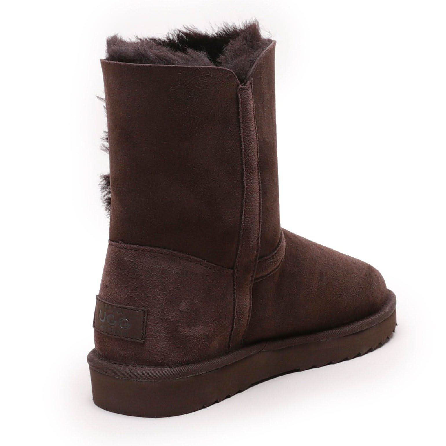 Brown sheepskin boot with fluffy wool lining, rear three-quarter view. - Yellow Earth Australia