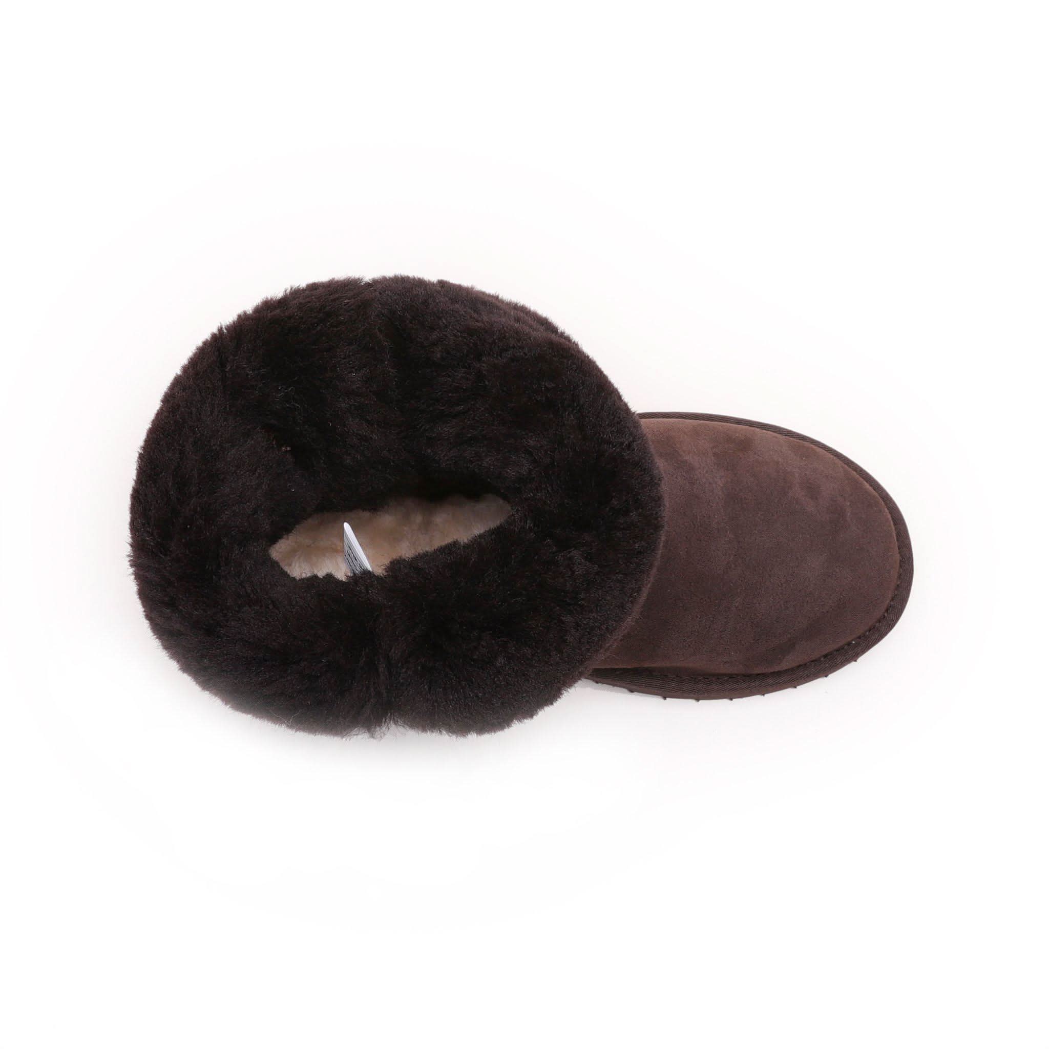 Dark brown sheepskin boot with fluffy wool lining, top-down view. - Yellow Earth Australia