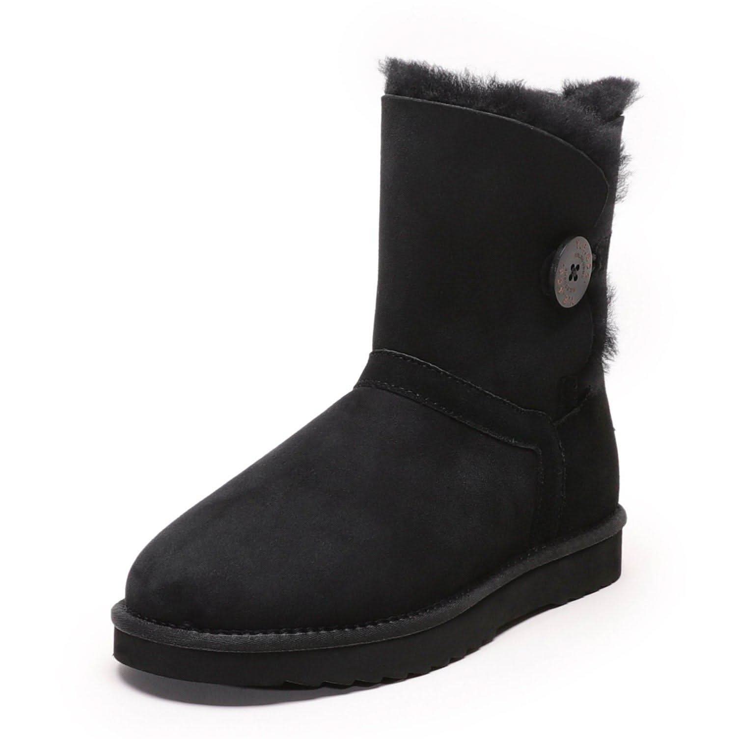 Black suede sheepskin boot with fur collar, side view. - Yellow Earth Australia