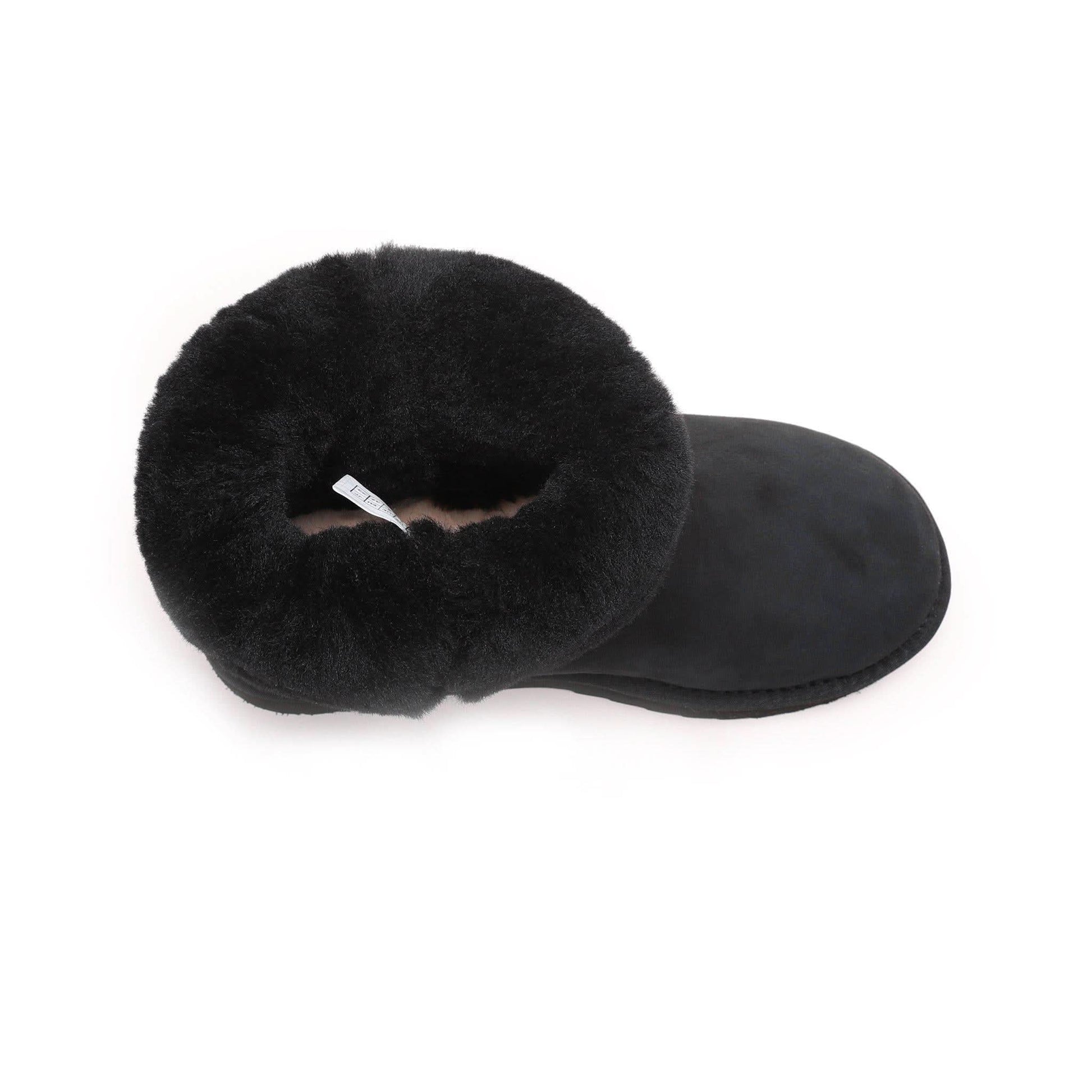 Black sheepskin boot with fluffy wool lining, side view. - Yellow Earth Australia