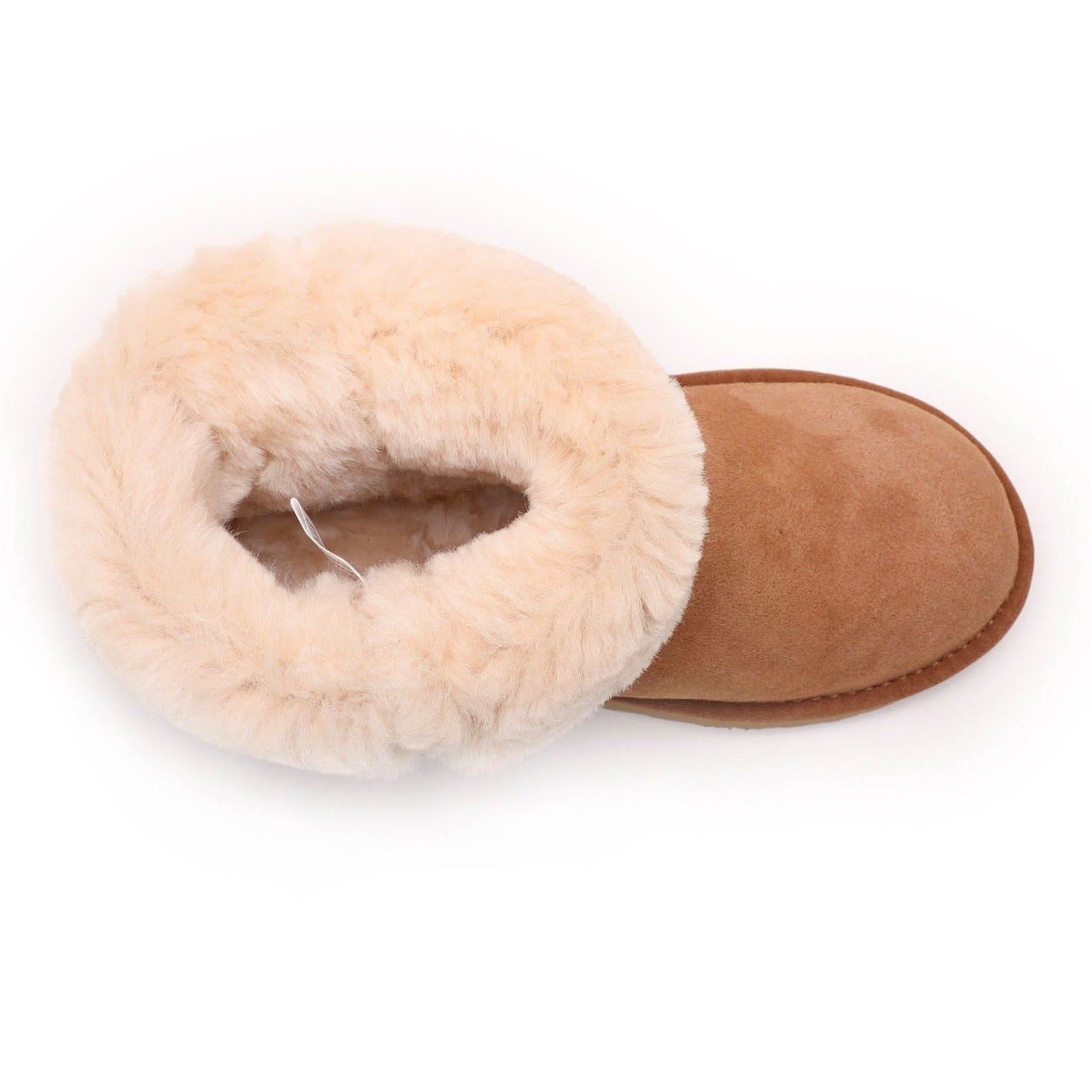 Cream sheepskin slipper with tan suede sole, top view showing fluffy wool lining. - Yellow Earth Australia