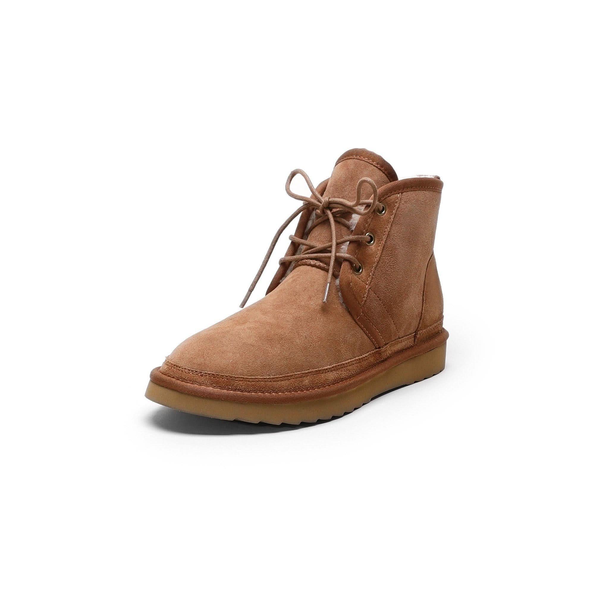 Tan suede lace-up ankle boot with sheepskin lining, angled side view. - Yellow Earth Australia