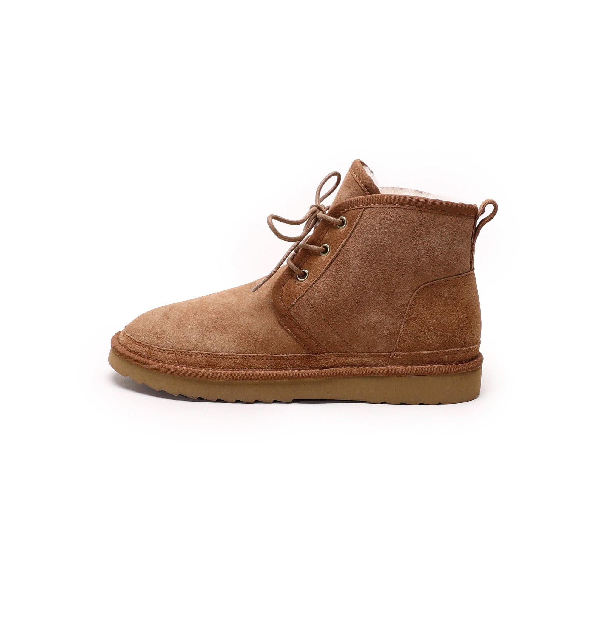Camel suede lace-up sheepskin ankle boot with crepe sole, side view. - Yellow Earth Australia