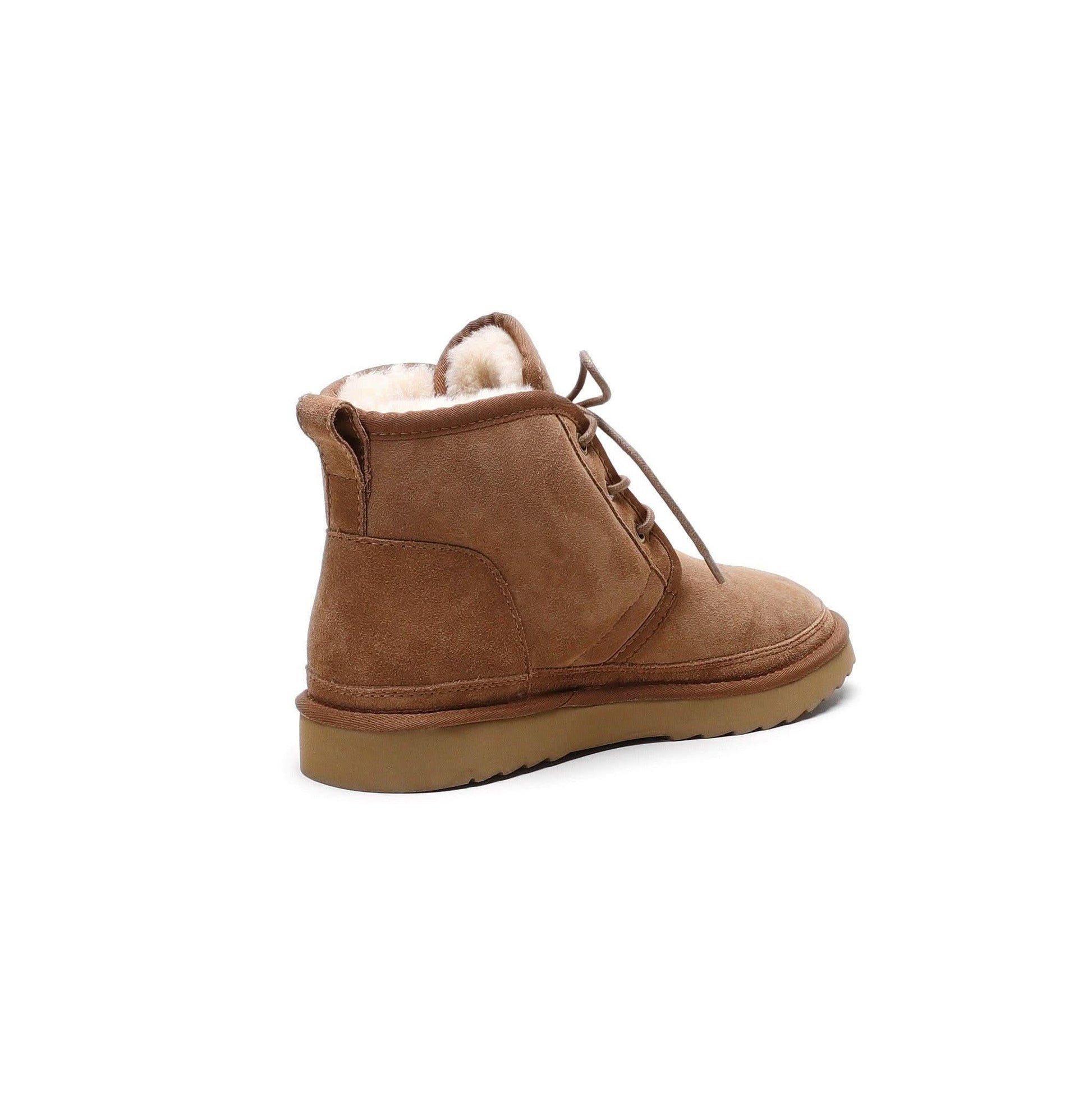 Brown suede sheepskin lace-up ankle boot with wool lining, rear view. - Yellow Earth Australia