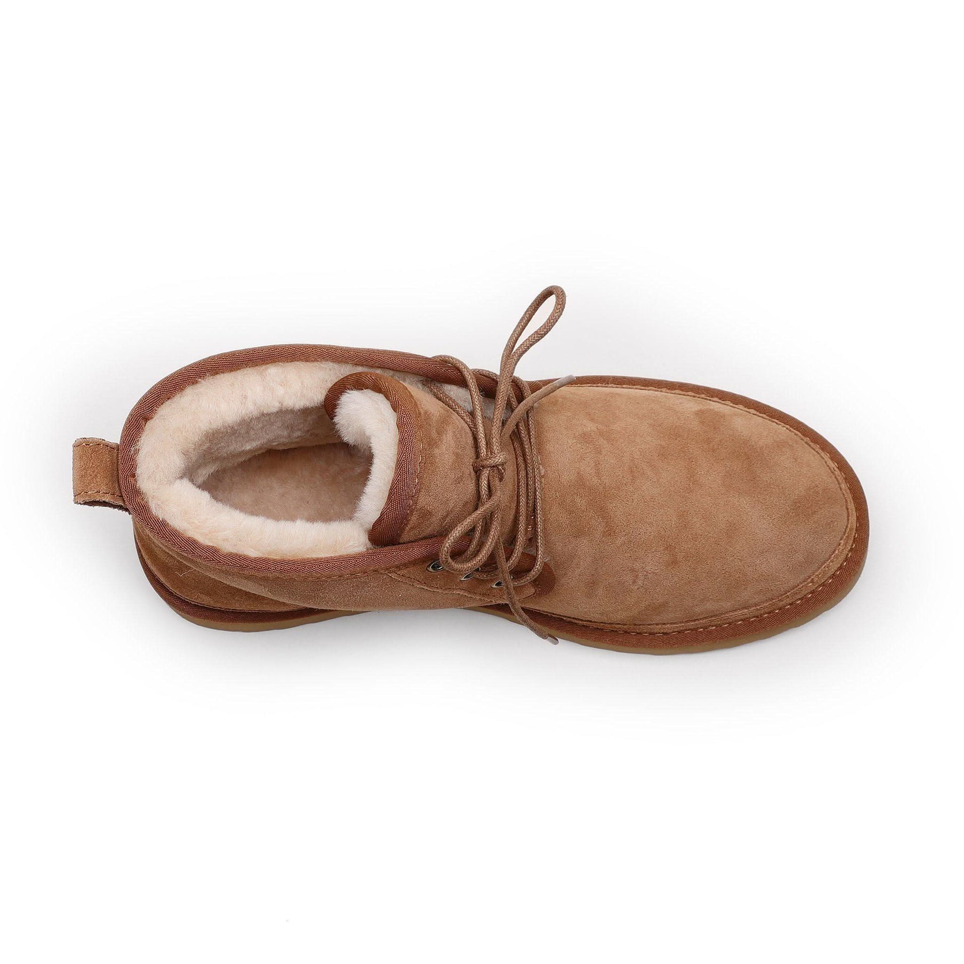 Tan suede sheepskin boot with wool lining, top view. - Yellow Earth Australia