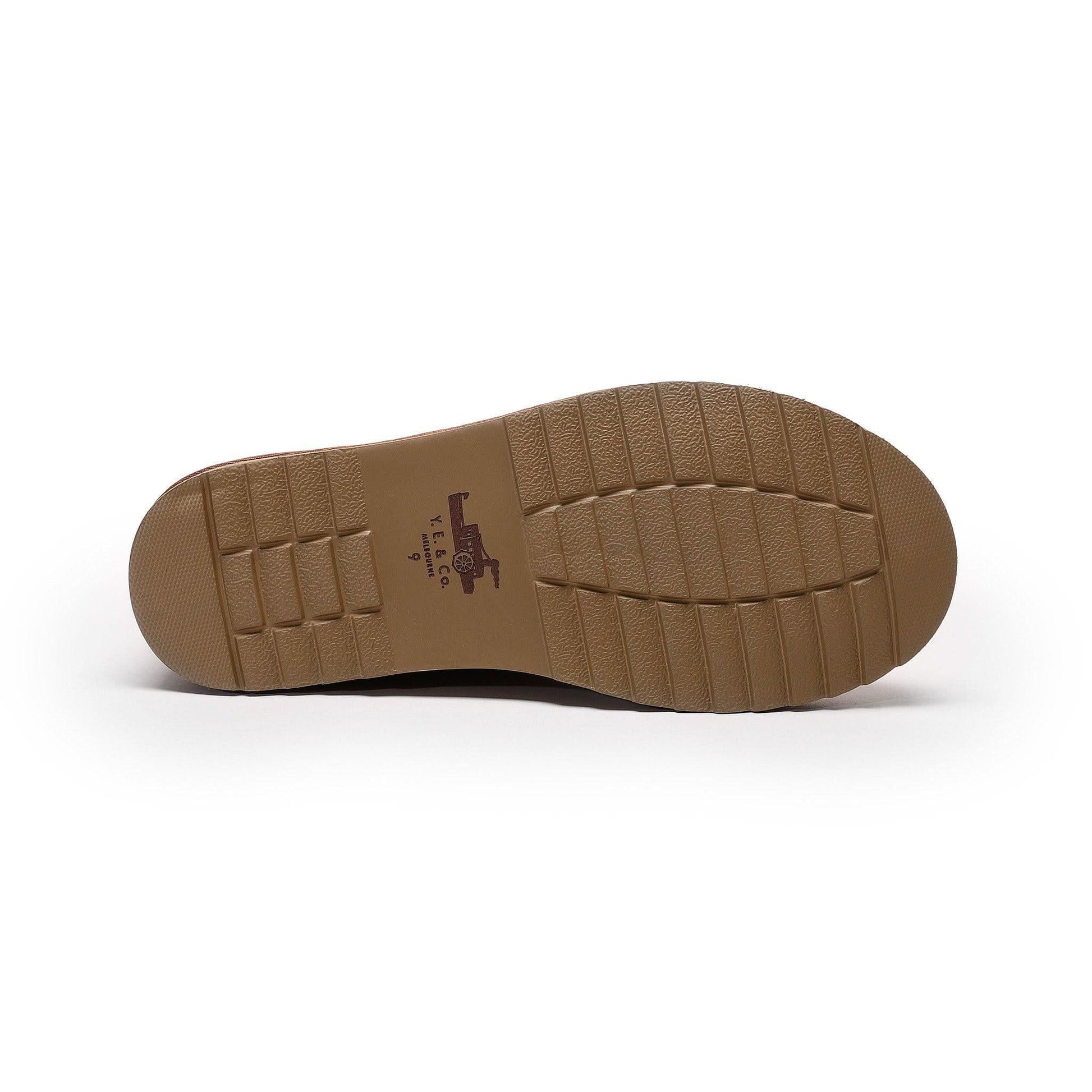 Tan leather shoe sole showing textured tread pattern and grid design from bottom view. - Yellow Earth Australia