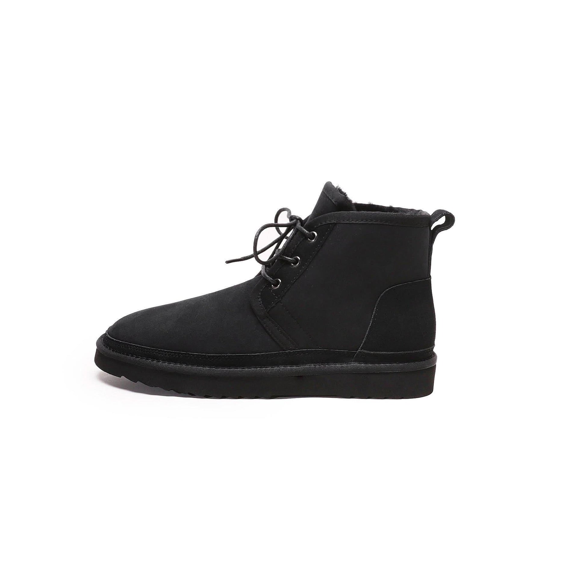 Black suede sheepskin lace-up ankle boot with thick sole, side view. - Yellow Earth Australia