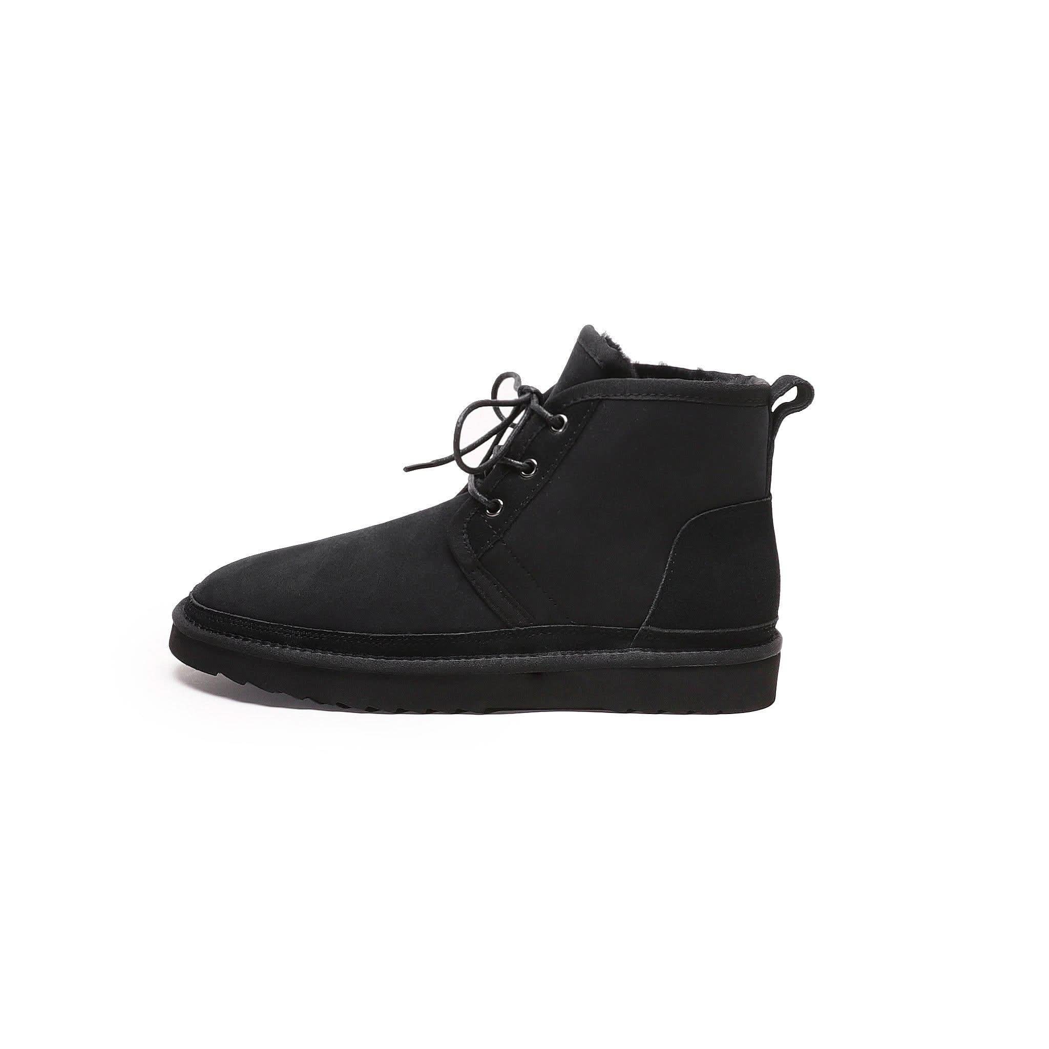 Black suede sheepskin lace-up ankle boot with thick sole, side view. - Yellow Earth Australia