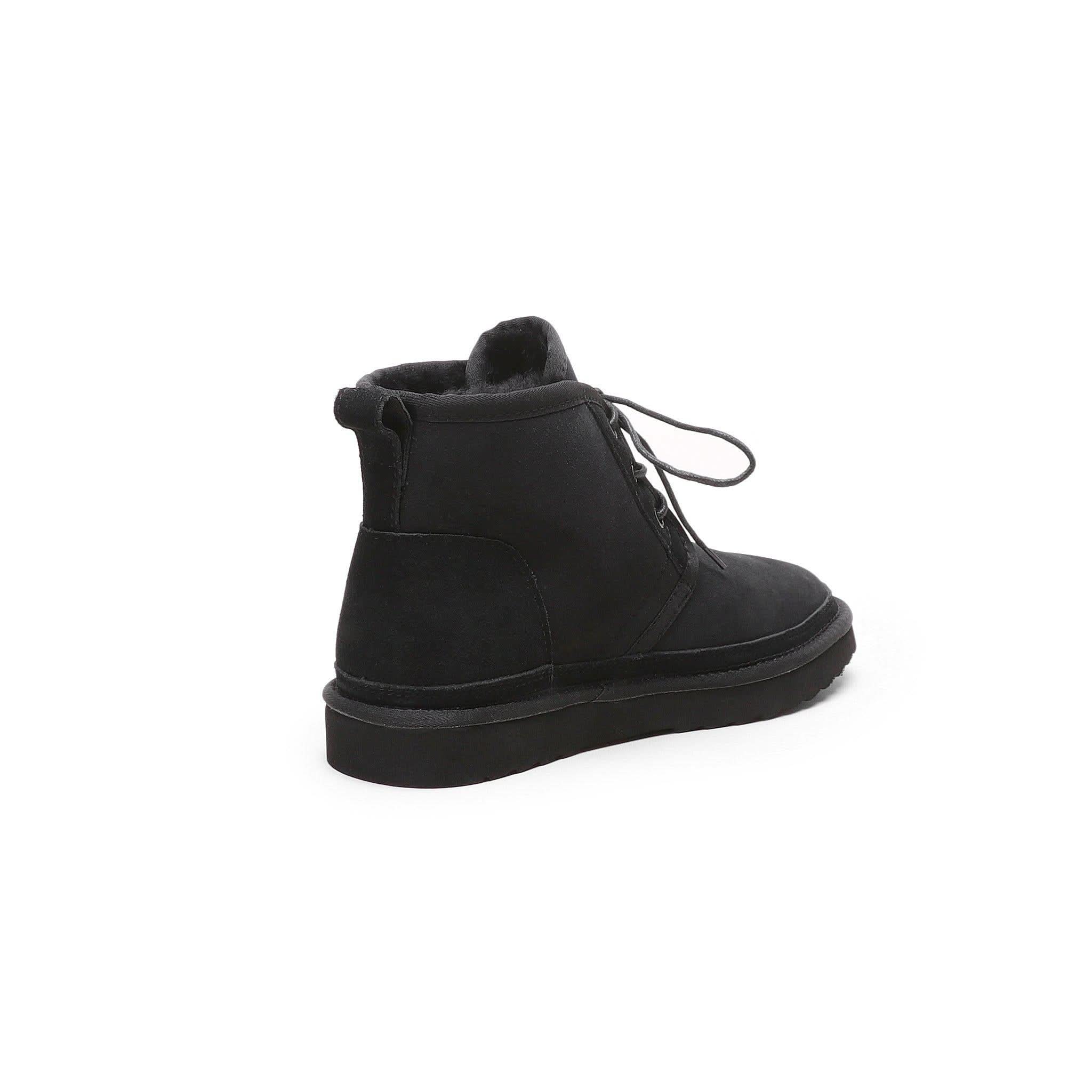 Black suede sheepskin lace-up ankle boot with fluffy wool lining, rear three-quarter view. - Yellow Earth Australia