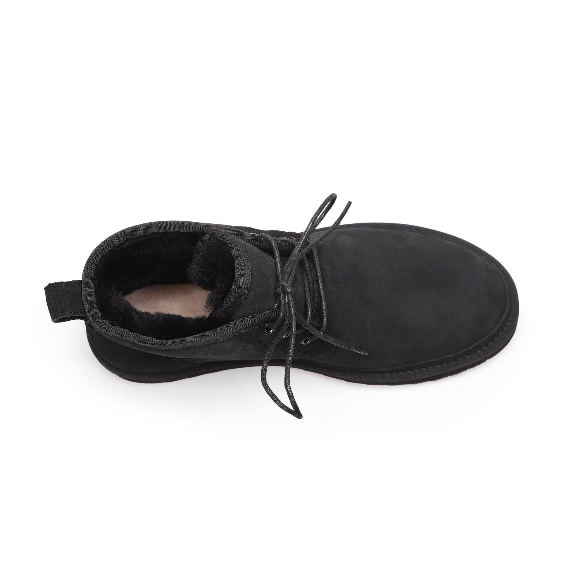 Black suede sheepskin boot with wool lining, top-down view. - Yellow Earth Australia