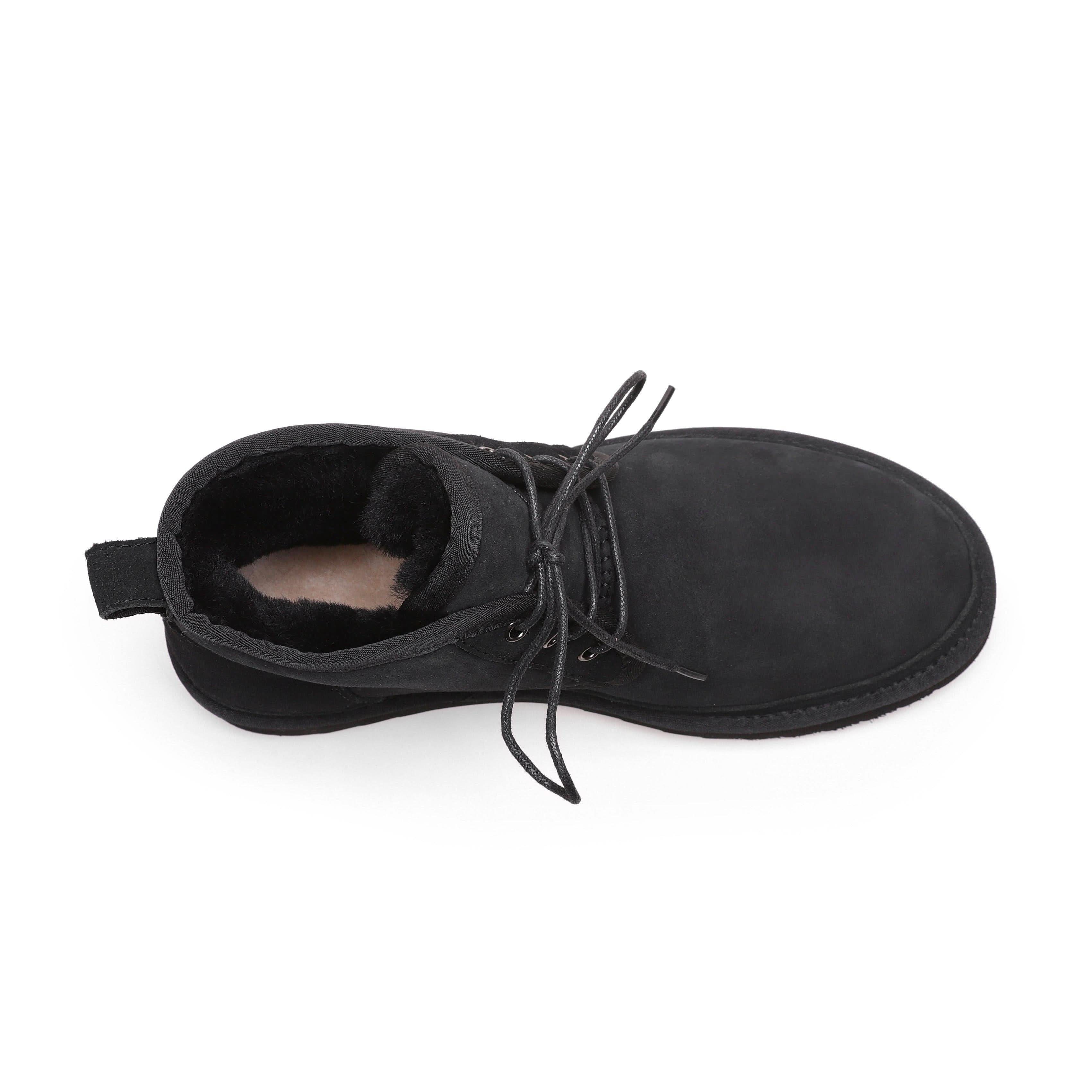 Black suede sheepskin boot with wool lining, top-down view. - Yellow Earth Australia