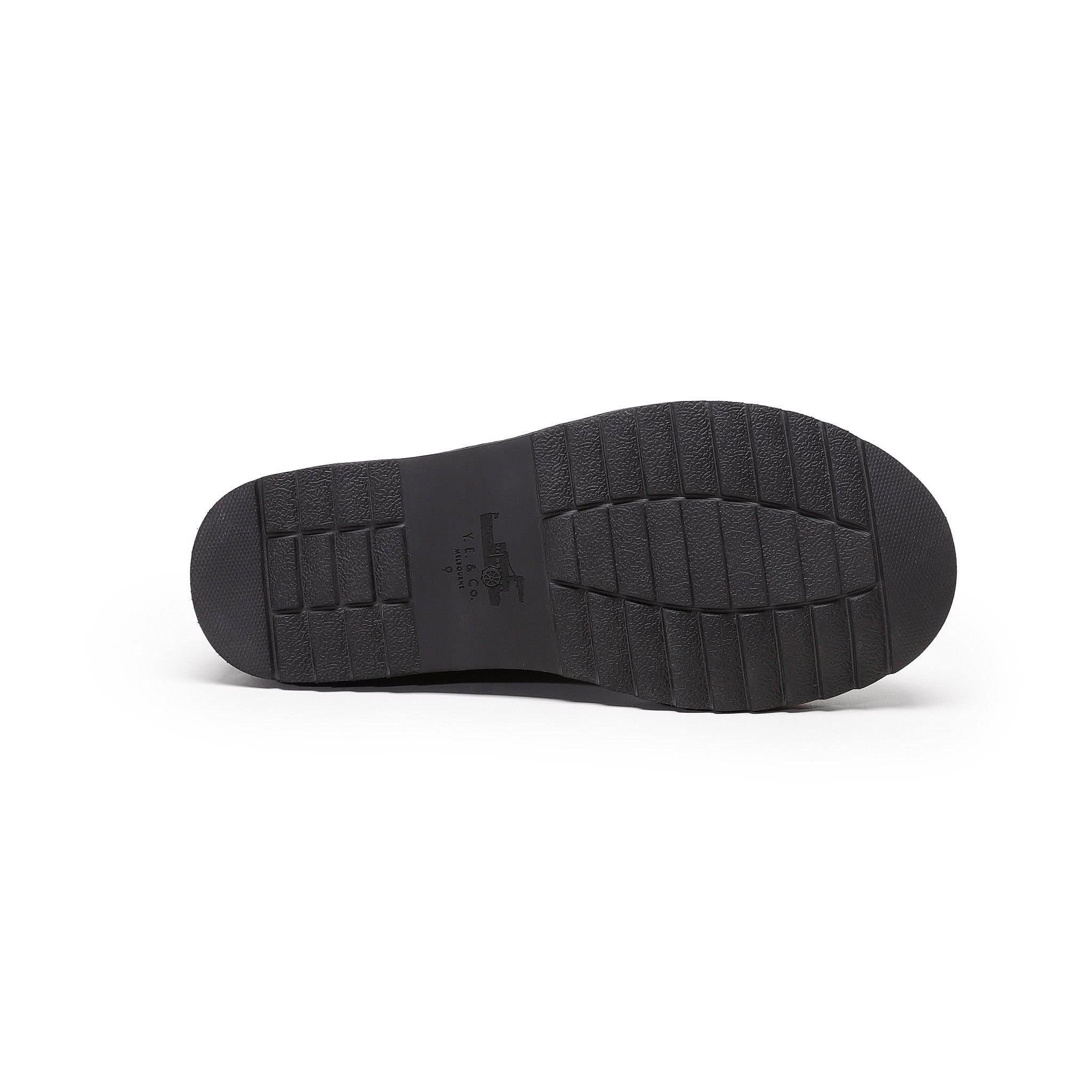 Black textured rubber sole showing tread pattern and stitching detail from bottom view. - Yellow Earth Australia