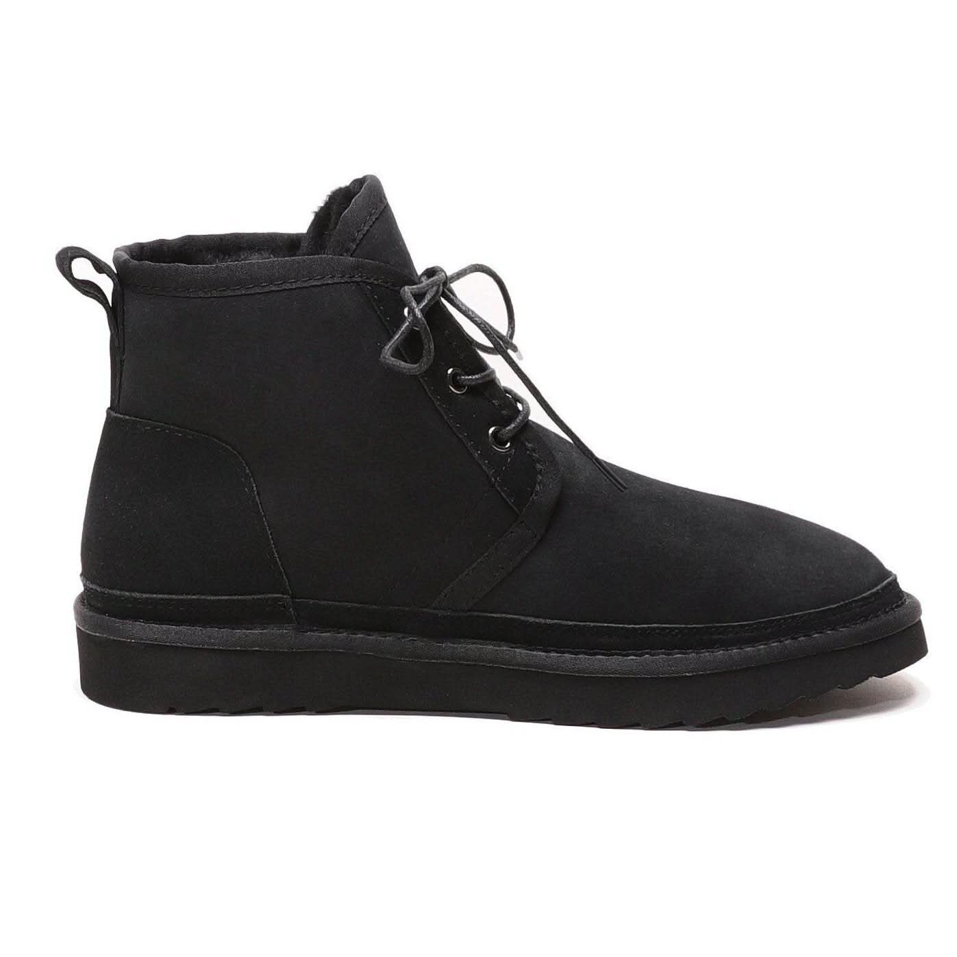 Black suede lace-up ankle boot with sheepskin lining, side view. - Yellow Earth Australia