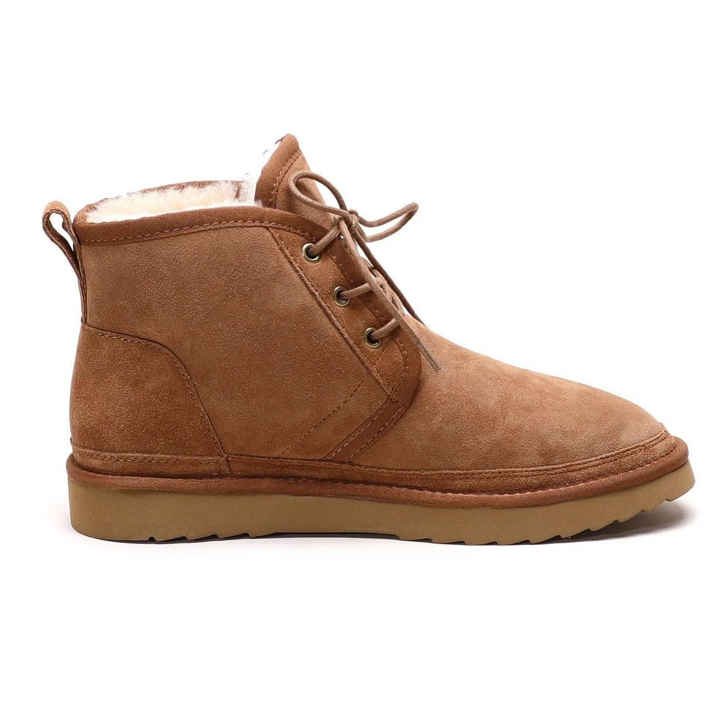 Chestnut suede sheepskin lace-up ankle boot with wool lining, side view. - Yellow Earth Australia