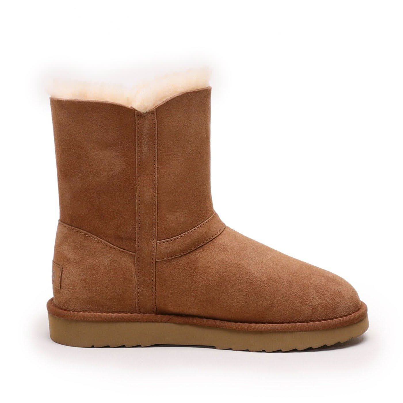 Chestnut sheepskin boot with wool lining, mid-calf height, side view. - Yellow Earth Australia