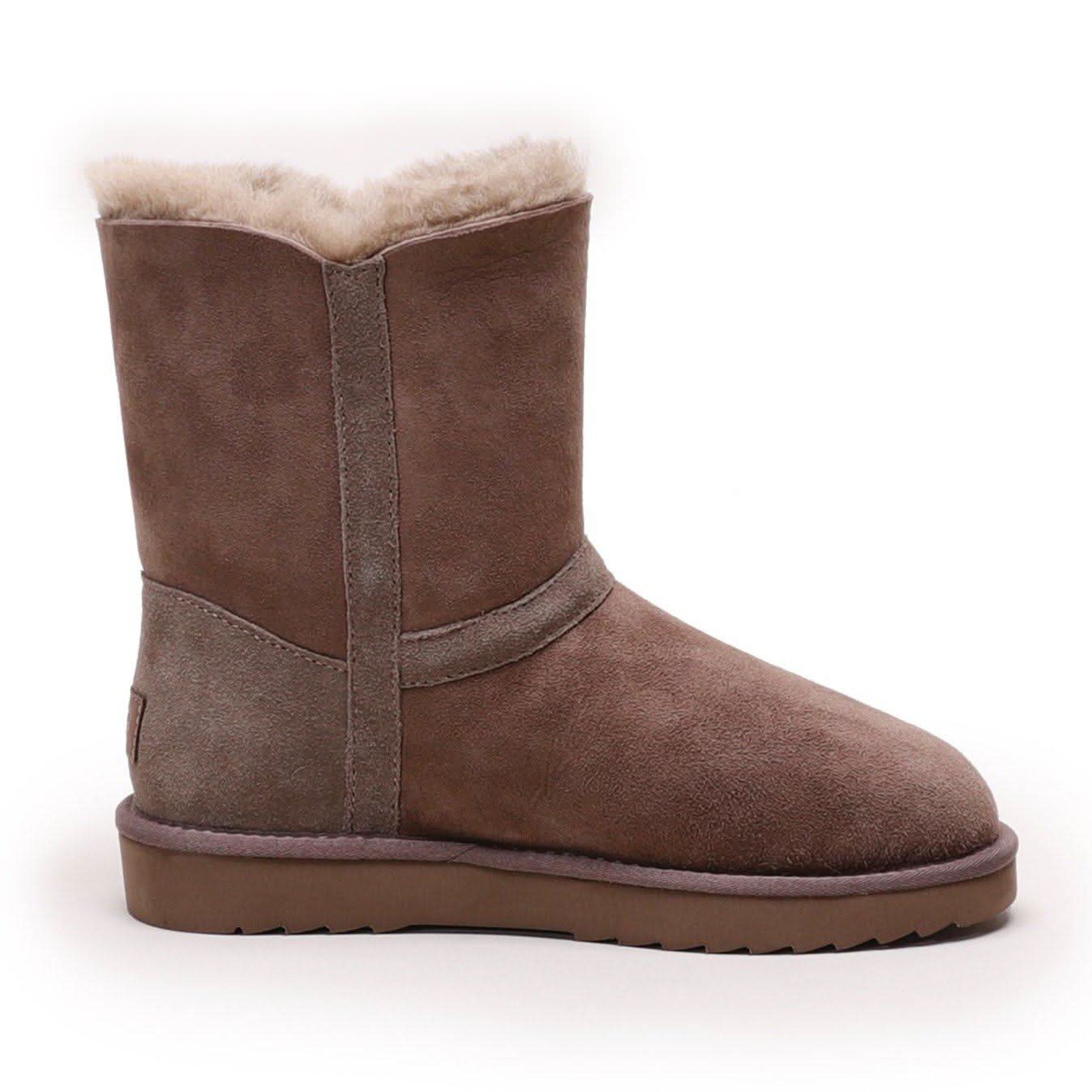 Brown sheepskin boot with wool lining and rubber sole, side view. - Yellow Earth Australia