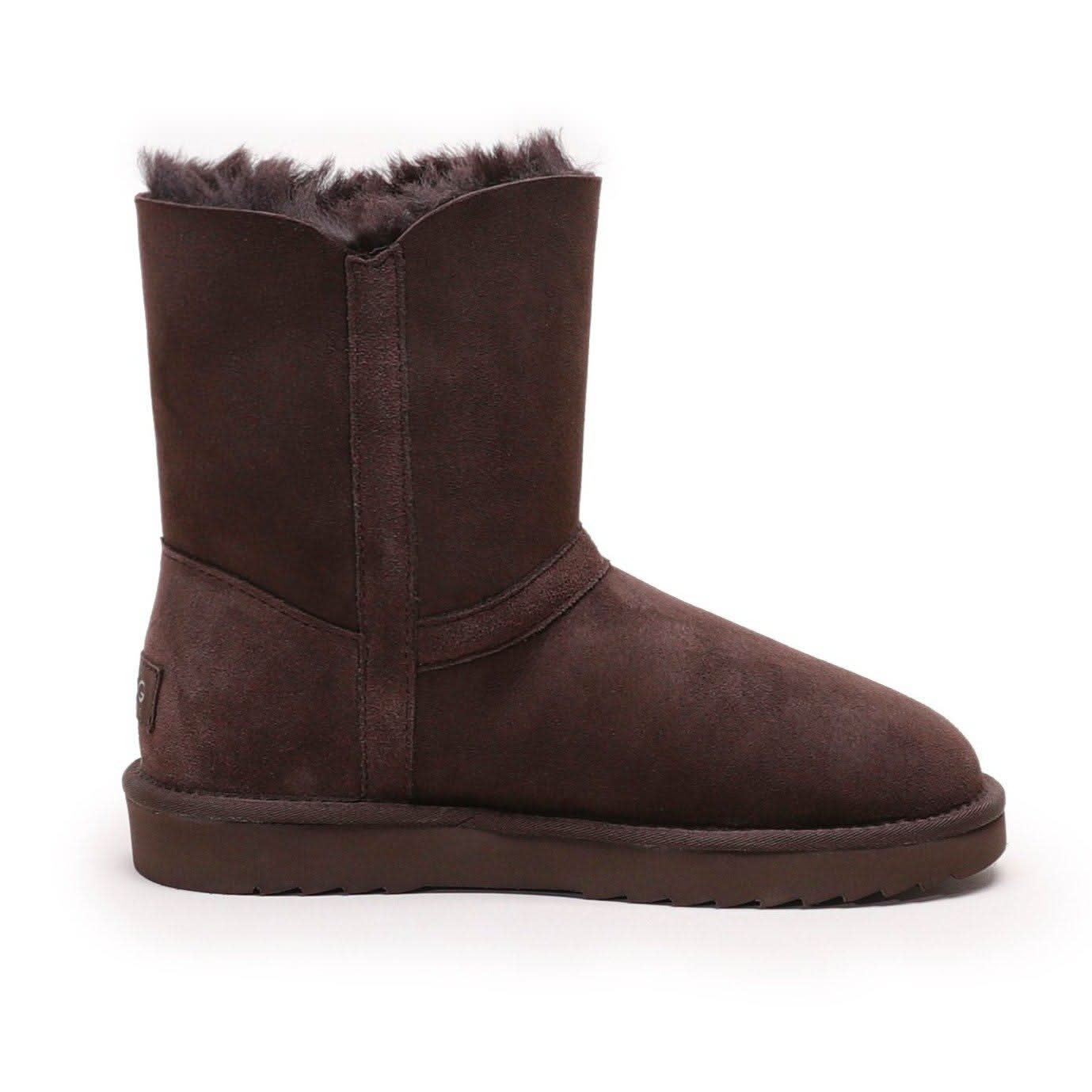 Chocolate brown sheepskin boot with fluffy wool lining, side view. - Yellow Earth Australia
