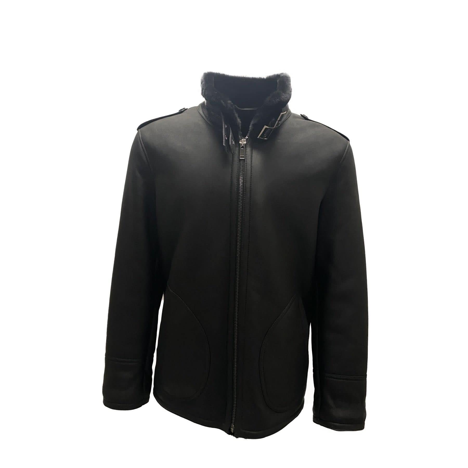 Black sheepskin jacket with fur collar, front zip fastening, displayed on mannequin. - Yellow Earth Australia