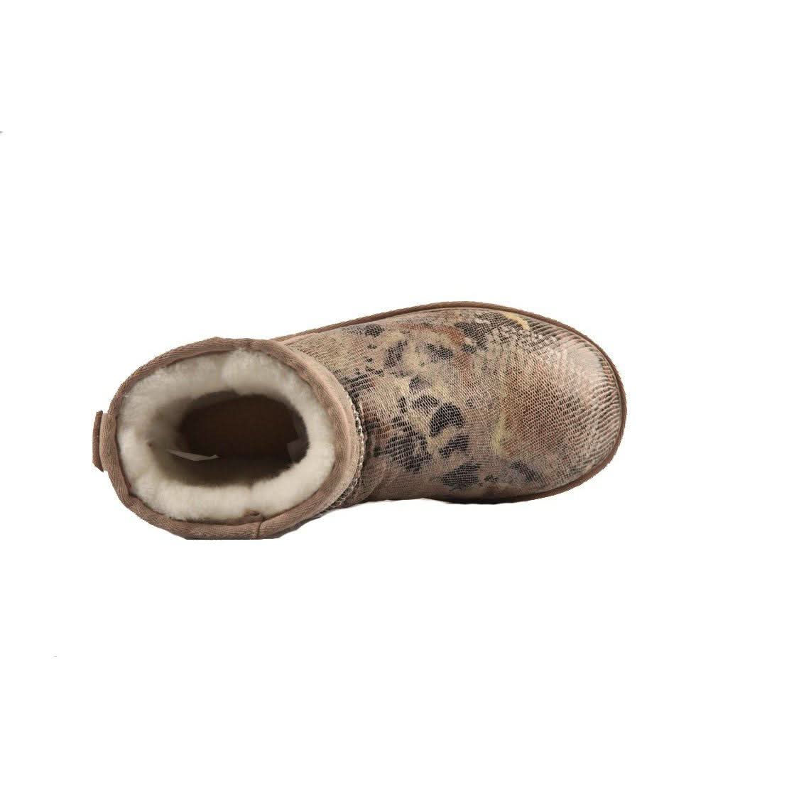Leopard print sheepskin boot with cream fleece lining, top view. - Yellow Earth Australia