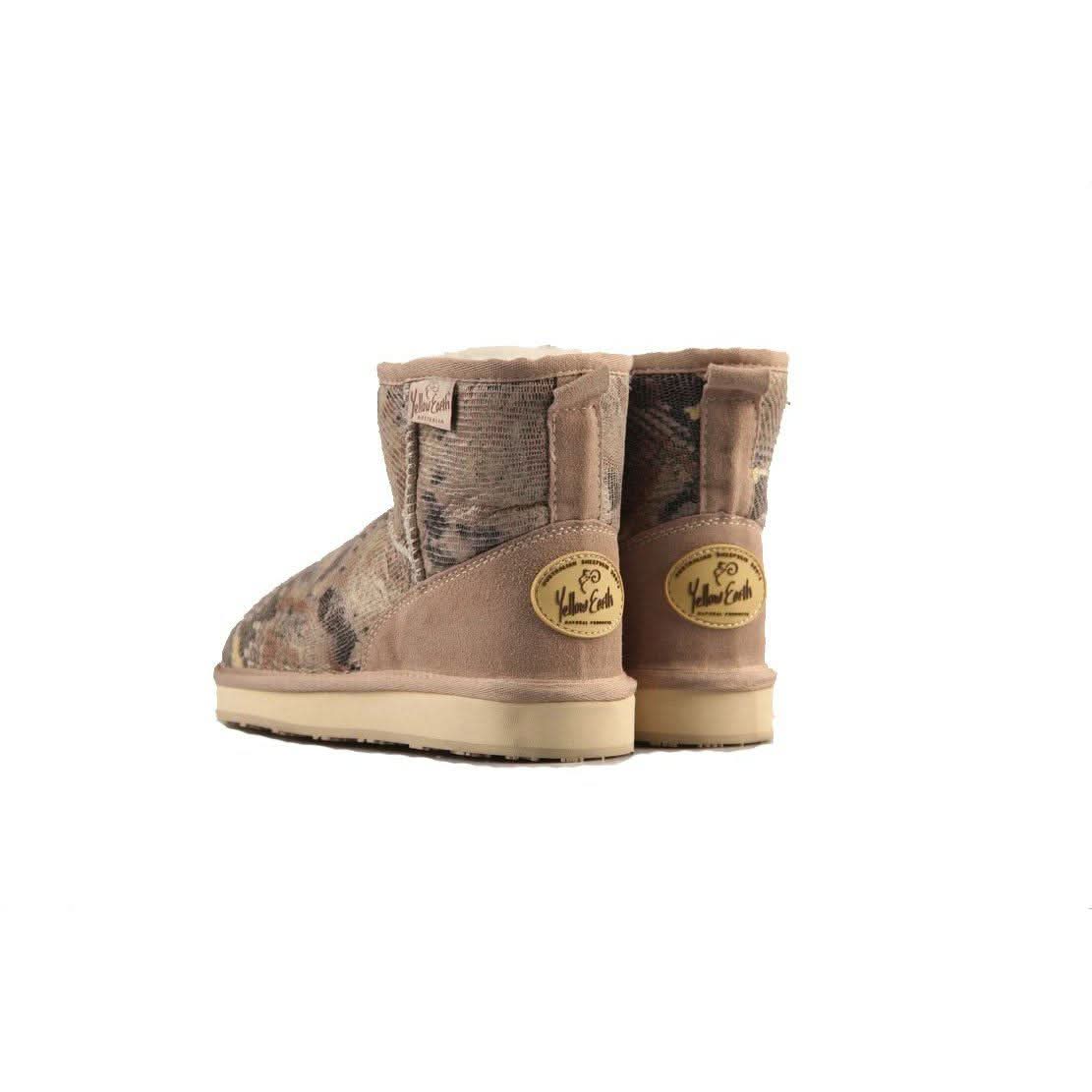 Beige sheepskin ankle boots with wool lining, rear three-quarter view. - Yellow Earth Australia
