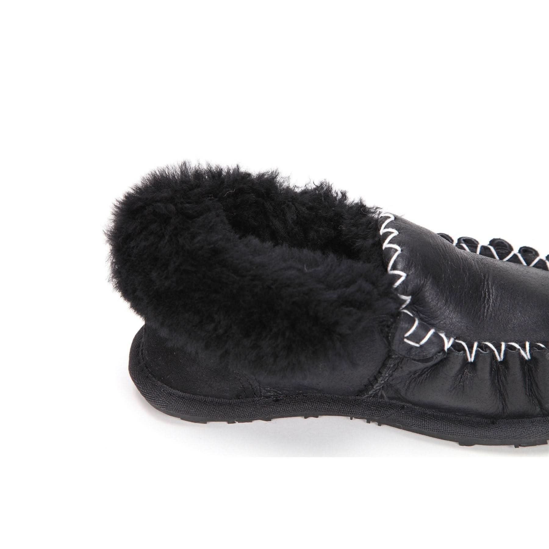 Black sheepskin moccasin slipper with fur collar, side view. - Yellow Earth Australia