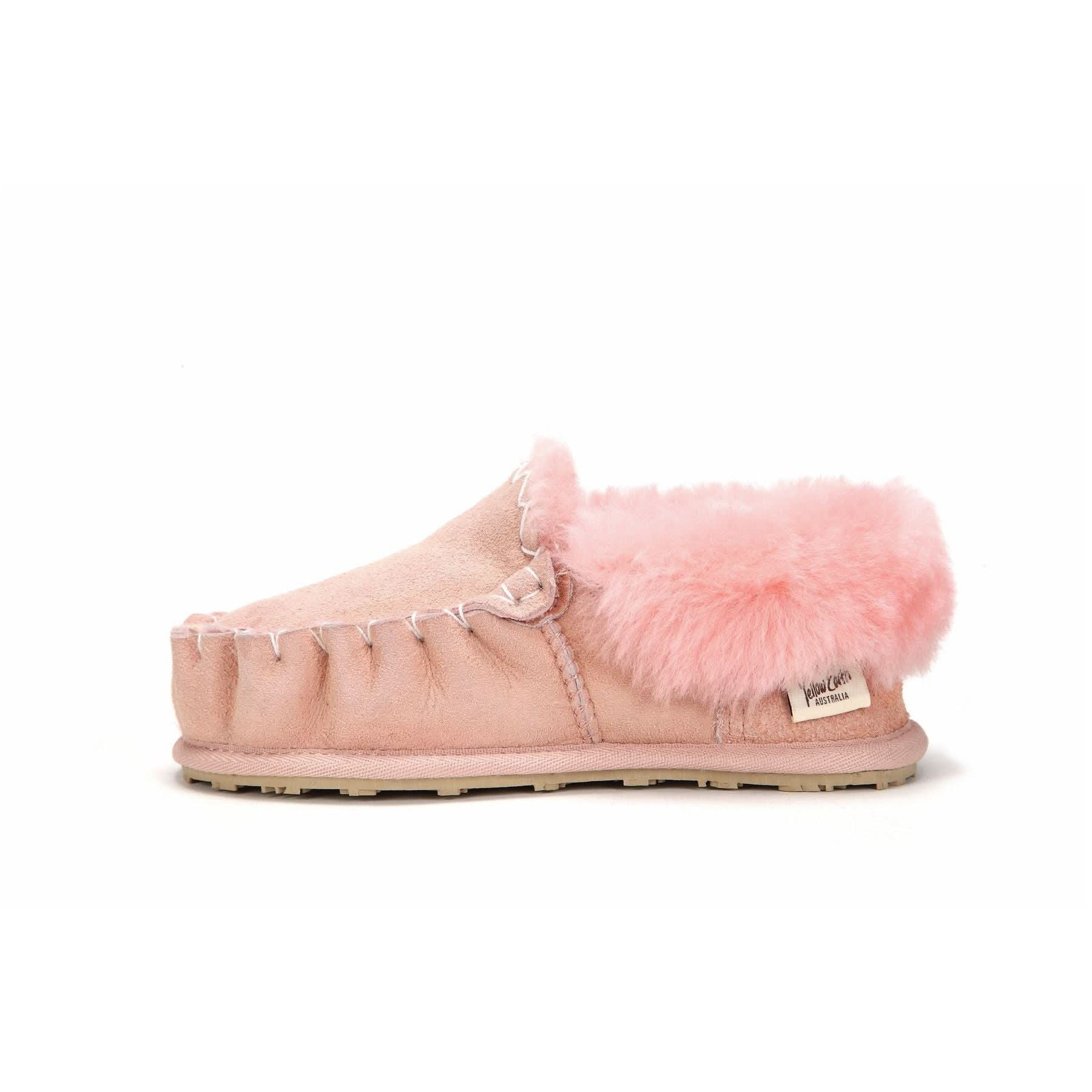 Pink sheepskin moccasin slipper with fluffy wool cuff, side view. - Yellow Earth Australia