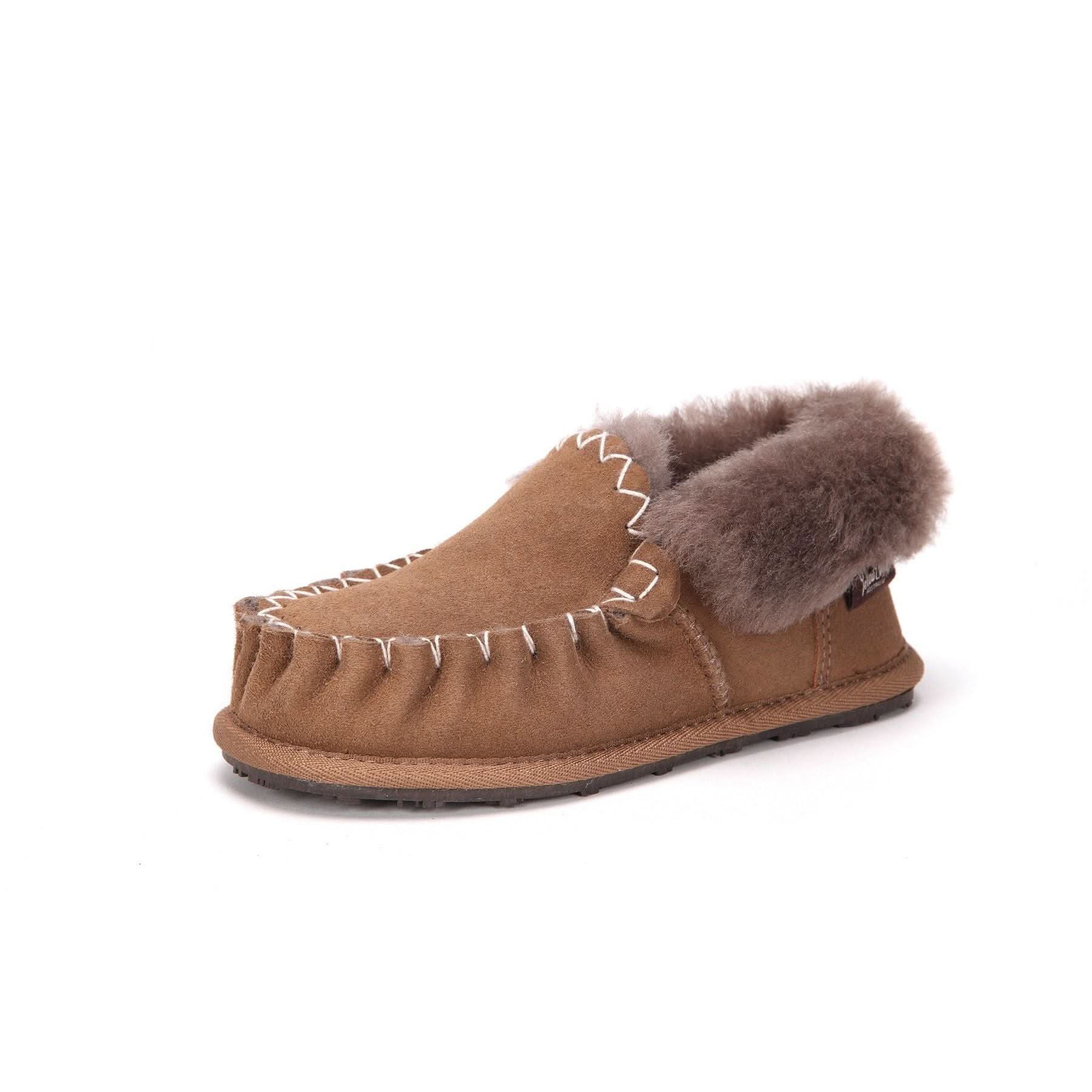 Tan suede moccasin slipper with fluffy sheepskin collar, side view. - Yellow Earth Australia