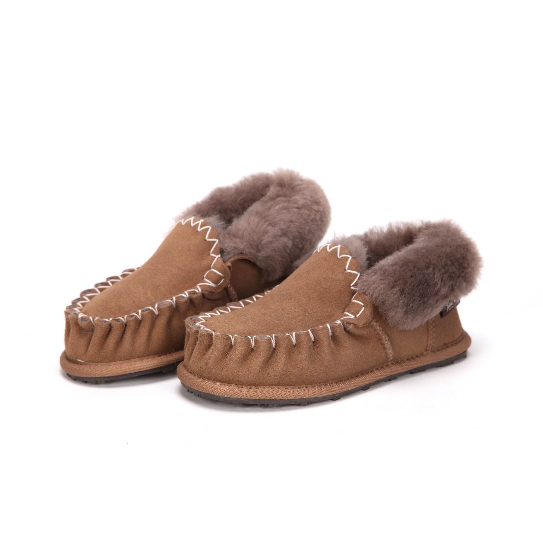 Pair of tan sheepskin moccasin slippers with grey wool lining, displayed from above at an angle. - Yellow Earth Australia