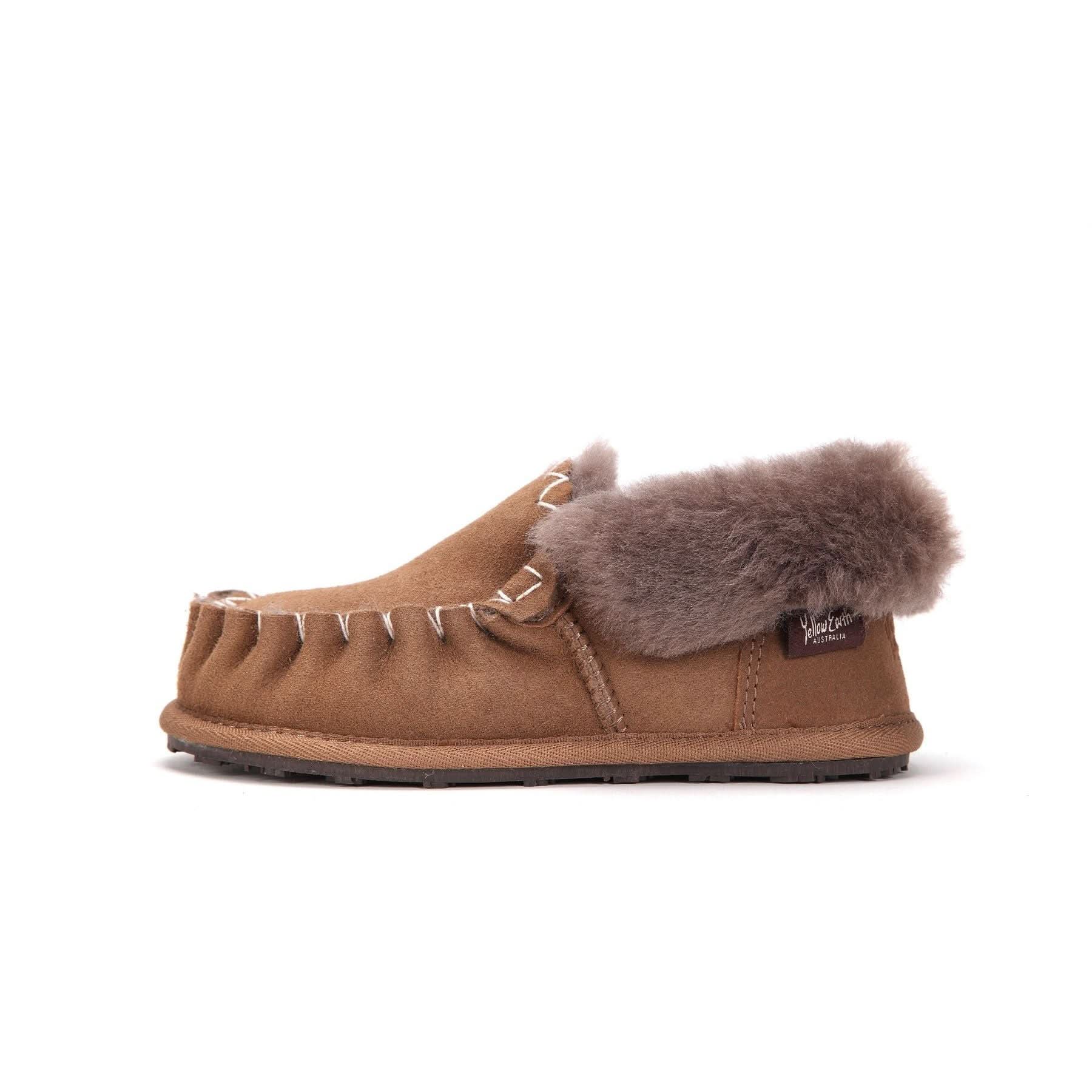 Tan suede moccasin slipper with grey sheepskin fur collar, side view. - Yellow Earth Australia