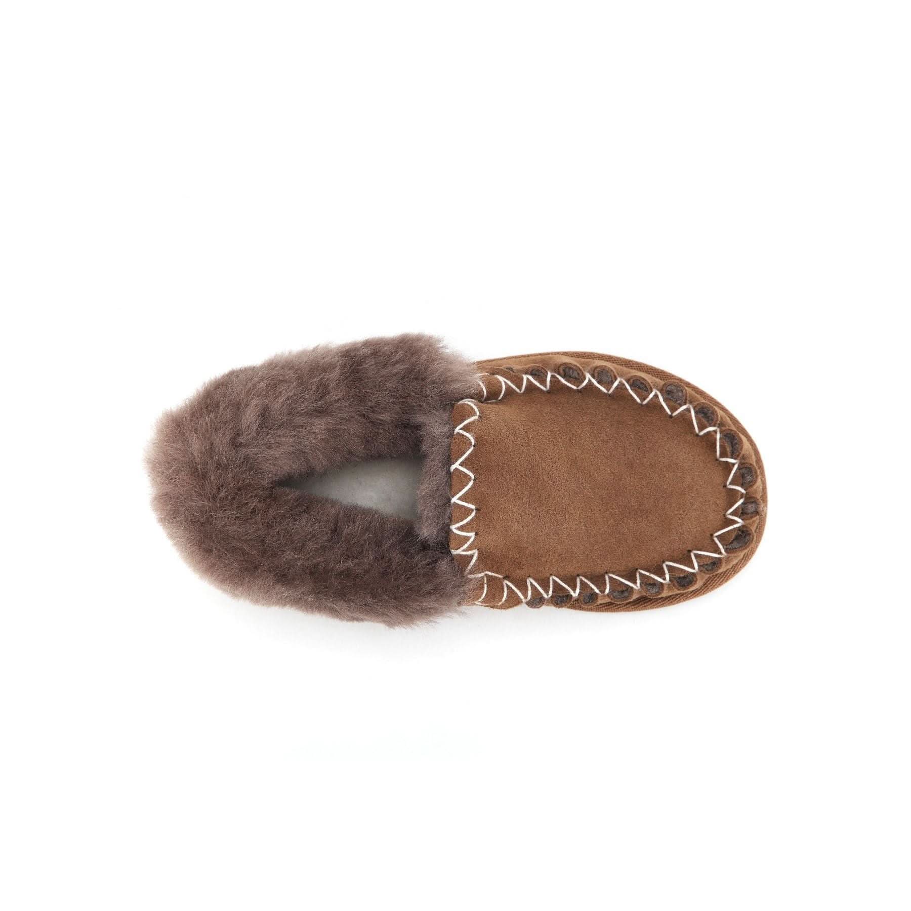 Tan sheepskin moccasin slipper with grey wool lining, top-down view. - Yellow Earth Australia