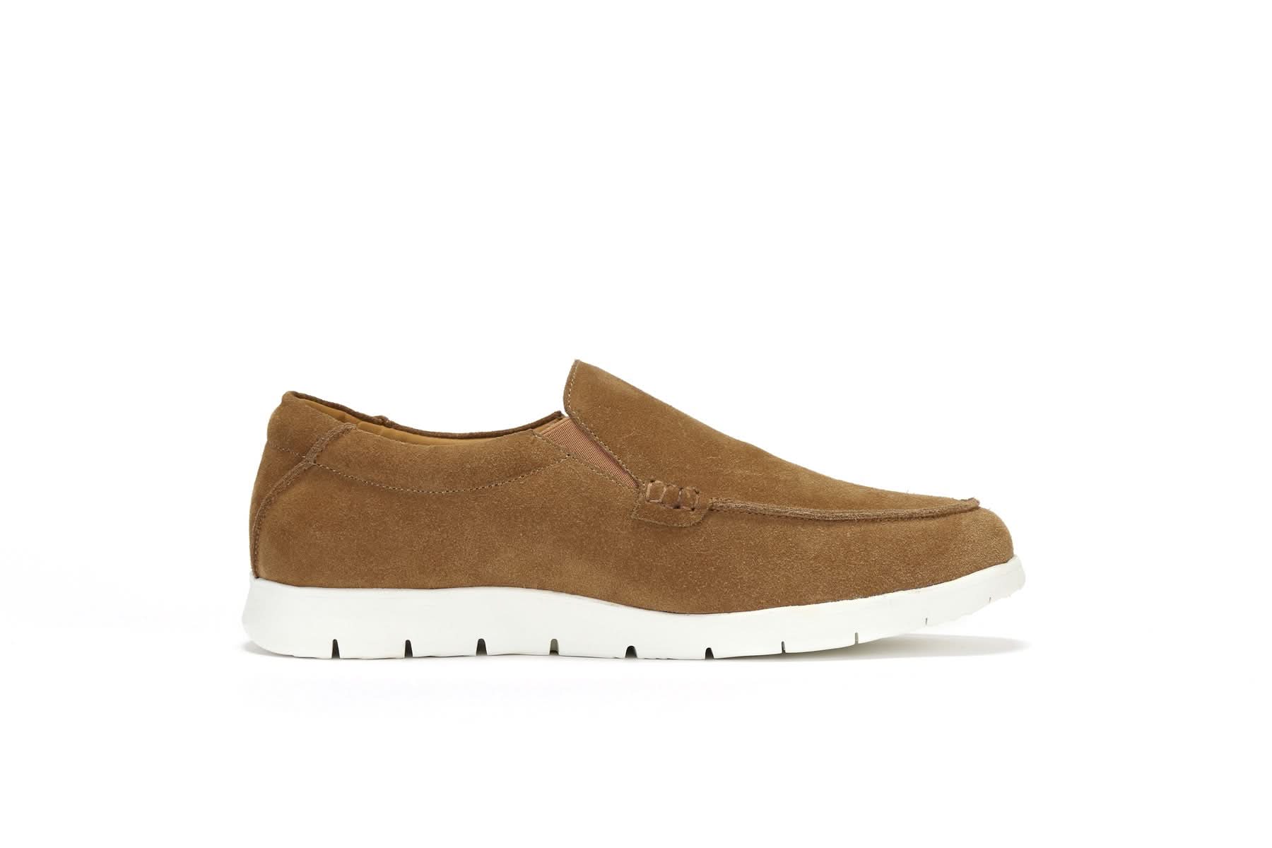 Tan suede loafer with white sole, side view showing moccasin stitching detail. - Yellow Earth Australia
