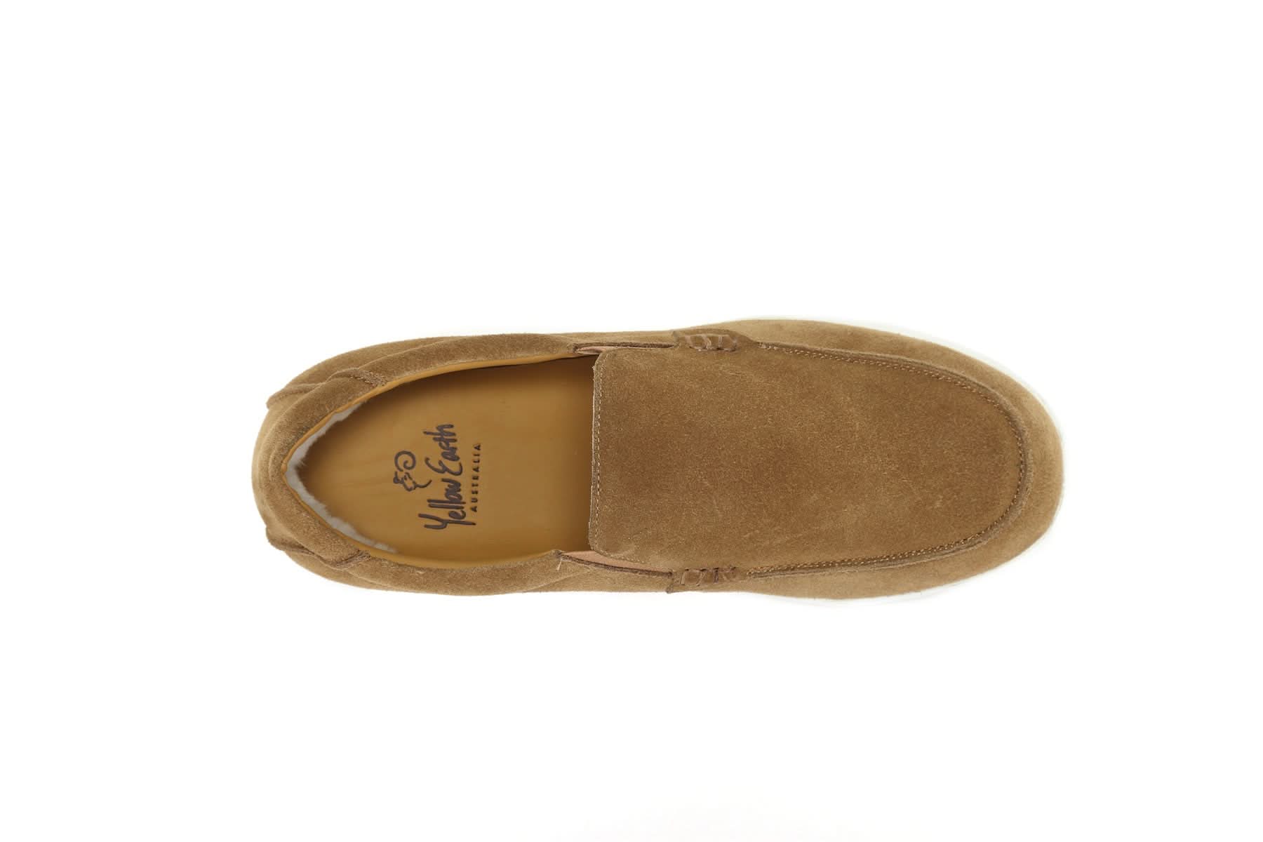 Camel suede moccasin slipper viewed from above showing soft wool lining. - Yellow Earth Australia