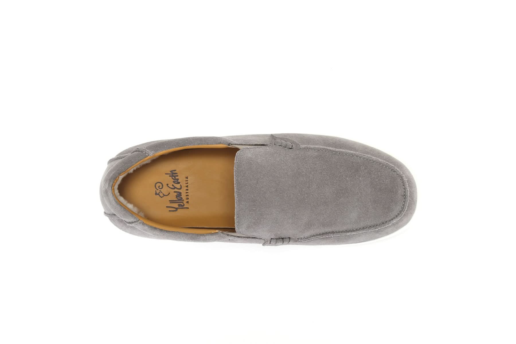Grey suede moccasin slipper with tan sheepskin lining, top view. - Yellow Earth Australia