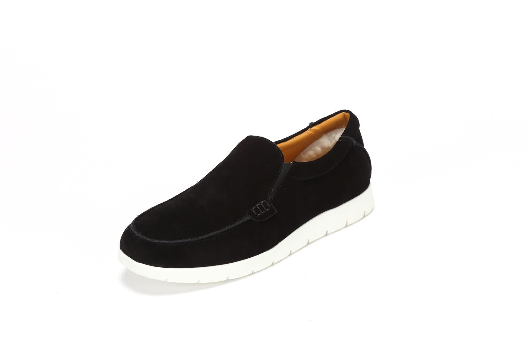 Black sheepskin slip-on loafer with white sole, side view. - Yellow Earth Australia