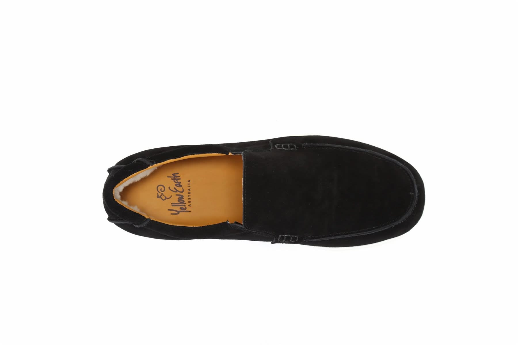 Black suede sheepskin slipper with tan wool lining, top-down view. - Yellow Earth Australia