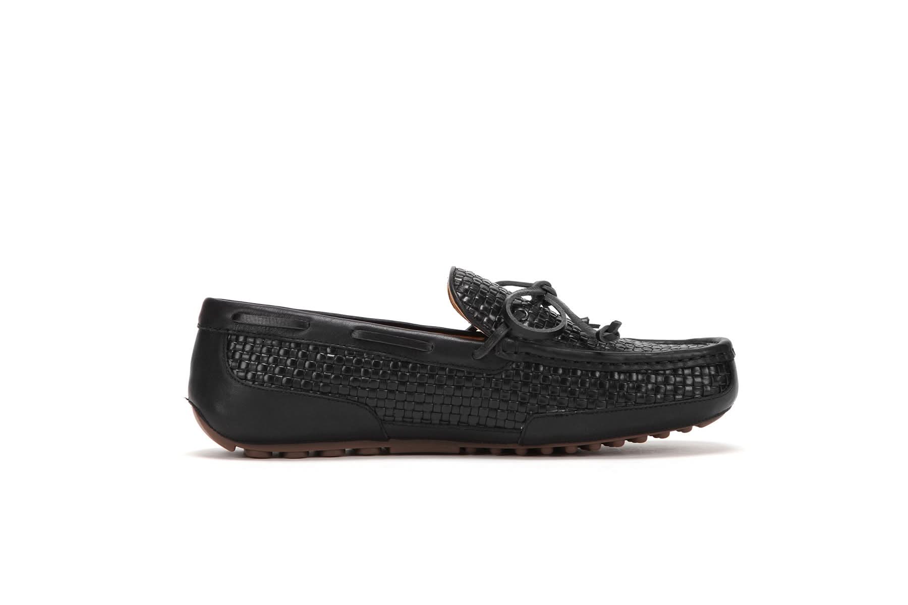 Black leather woven driver loafer with brown sole, side view. - Yellow Earth Australia
