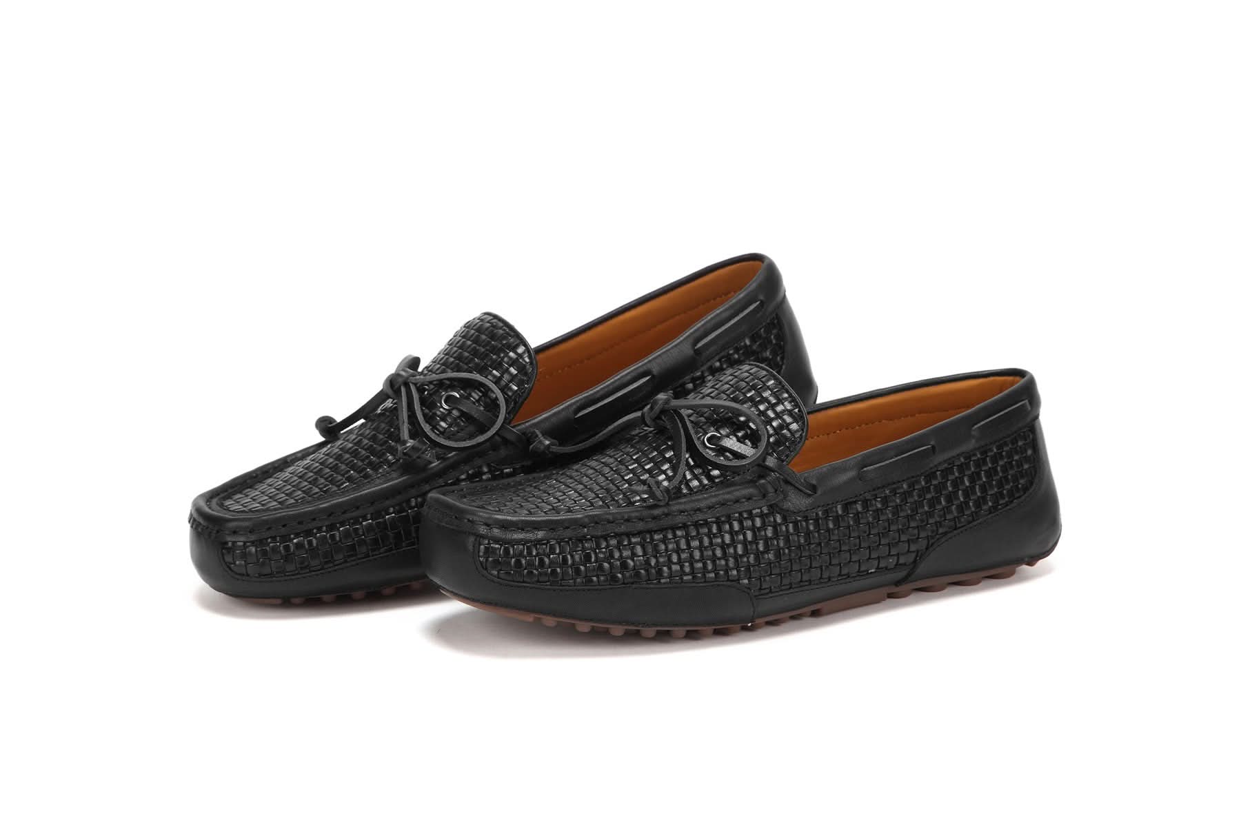 Black woven leather loafers with buckle detail and tan sheepskin lining, side view. - Yellow Earth Australia