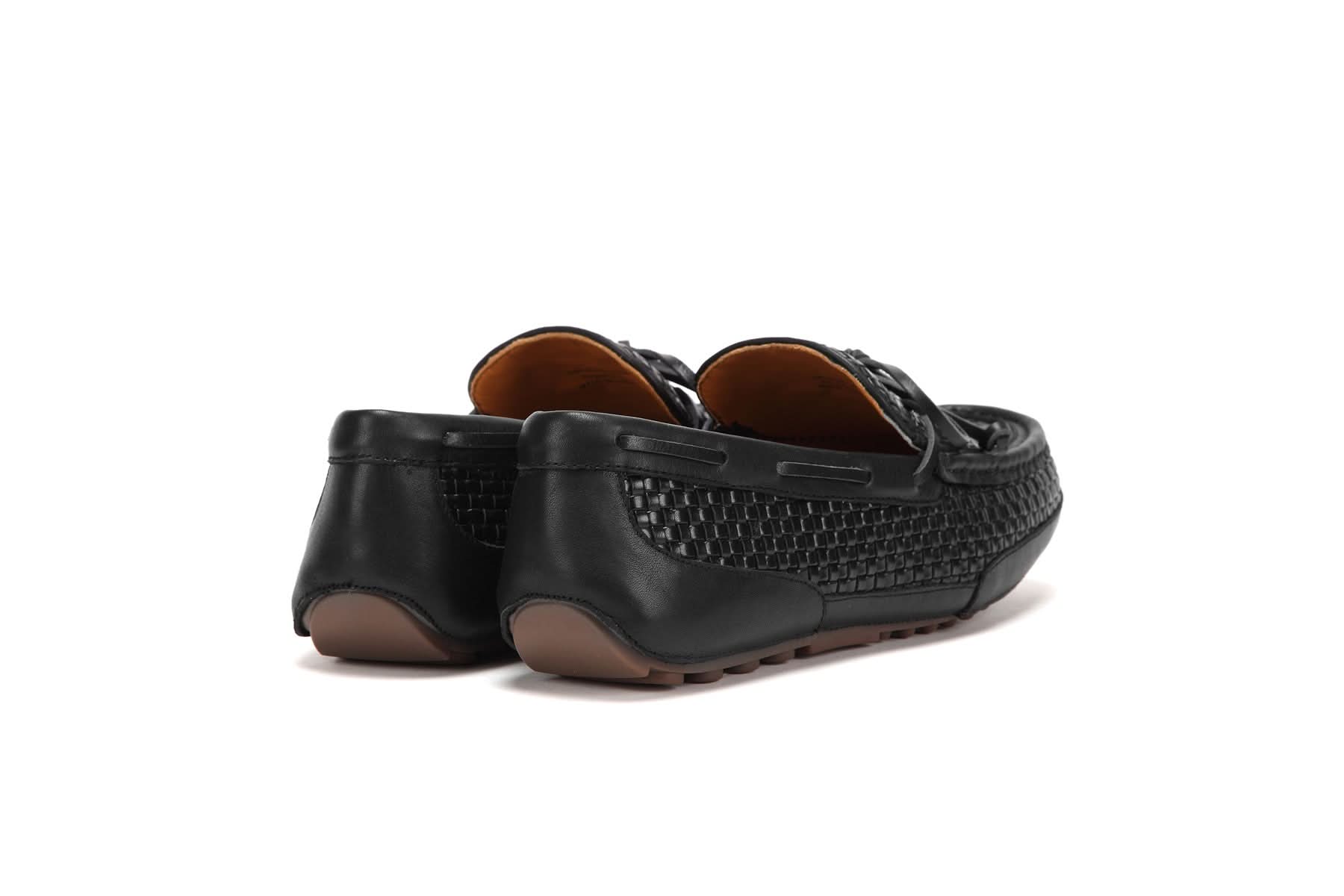 Black leather woven driving loafers with tan sole, back view. - Yellow Earth Australia