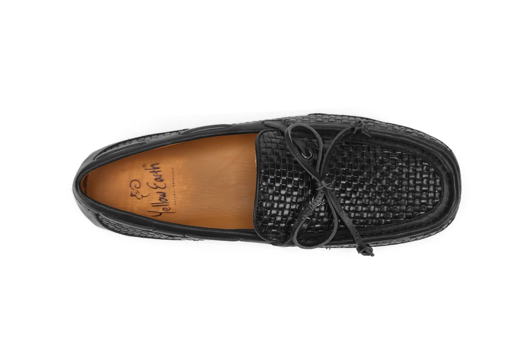 Black woven leather moccasin loafer with tan sheepskin lining, top view. - Yellow Earth Australia